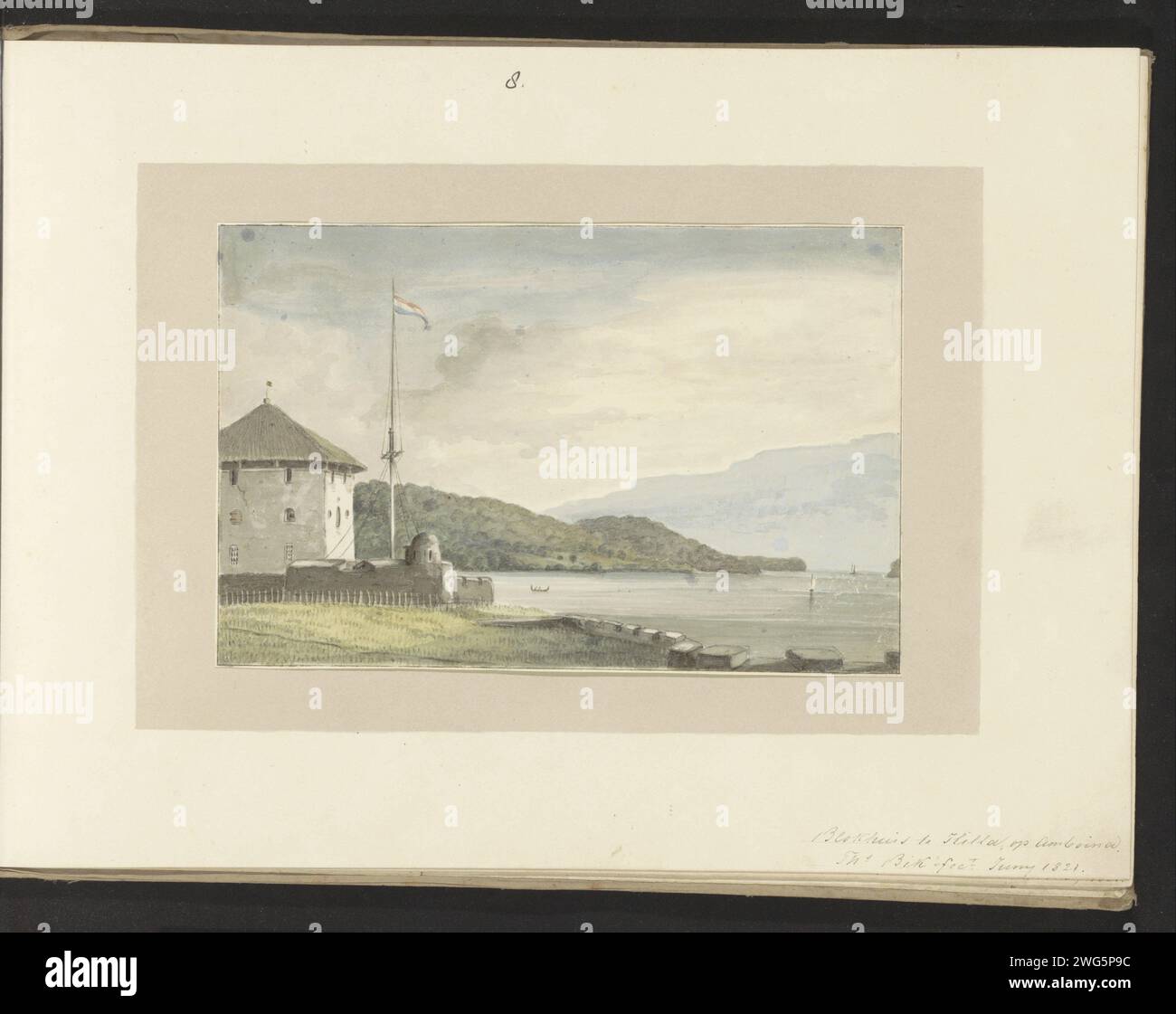Blockhouse to Hila on Ambon, 1821 page 8 d'un album avec 14 dessins et une estampe. Papier Ambon. crayon. craie. encre. aquarelle (peinture) stylo / pinceau côte. Architecture Ambon Banque D'Images