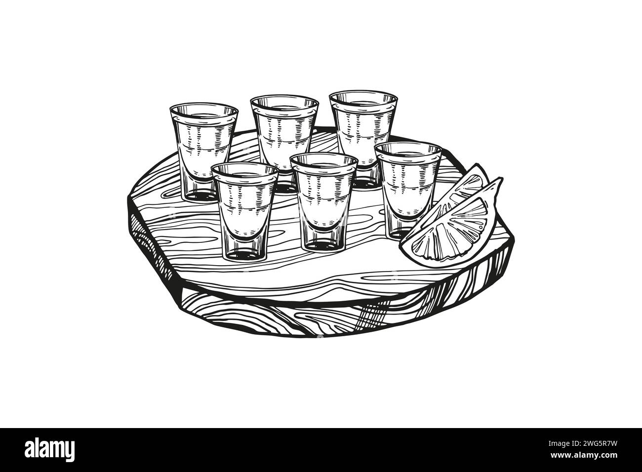 ensemble de verres à tir vectoriel pour boissons alcoolisées sur planche de bois et tranches de citron, croquis dessiné à la main de verres à tir pour alcool fort, noir et w. Illustration de Vecteur