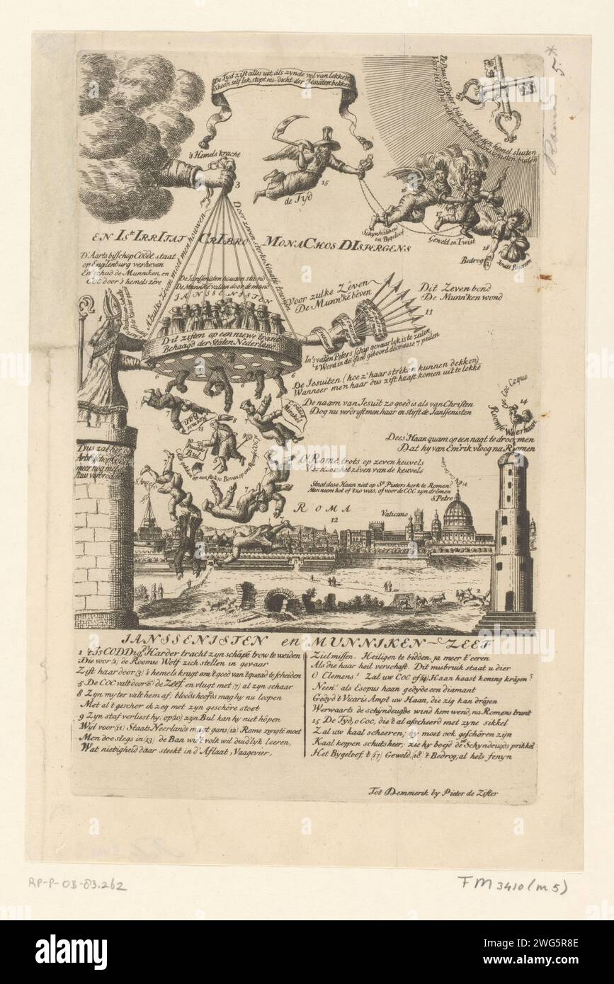 Jansénisten et les moines Seef, 1705, 1706 print avec l'aide de la République, Peter Codde secoue un grand tamis par la main de Dieu d'où tombent les moines et dans lequel restent les jansénistes. Cinquième page de la série de 10 magazines avec des dessins animés sur les jésuites intitulée Roma Pertubata, 1706. Tri de gravure de papier Amsterdam, sélection de matériaux par tamisage, tamisage, tamisage Banque D'Images