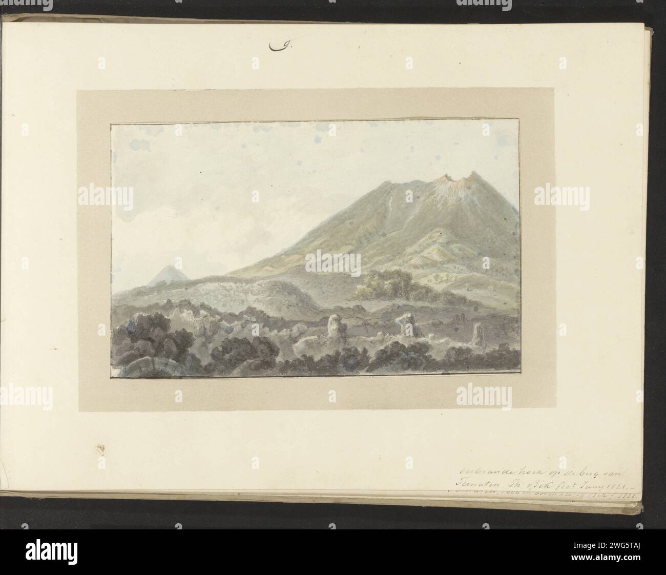 Burned Hoek, Lavaveld sur la montagne de Ternate, 1821 page 9 d'un album avec 14 dessins et un tirage. Papier terné. crayon. craie. encre. aquarelle (peinture) stylo / brosse lave froide. Paysages Ternate Banque D'Images