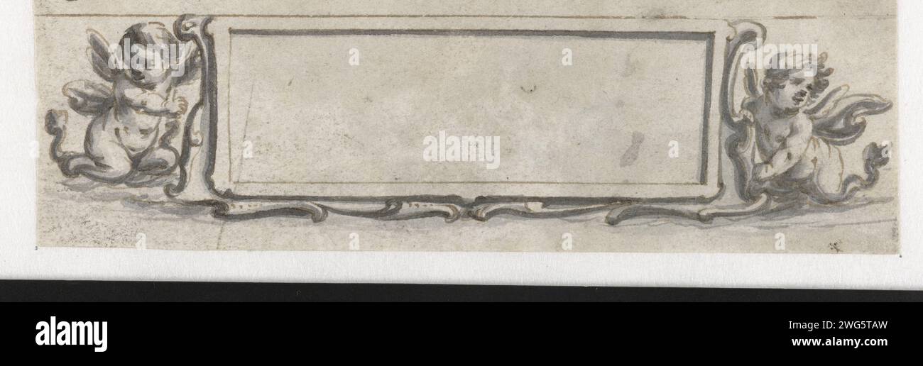 Cartouche avec deux putti, Pieter Jansz, 1630 - 1672 dessin conception pour une impression. papier. Stylo à encre / pinceau Cupids : 'Amores', 'Amorettit', 'Putti'. ornement  cartouche Banque D'Images