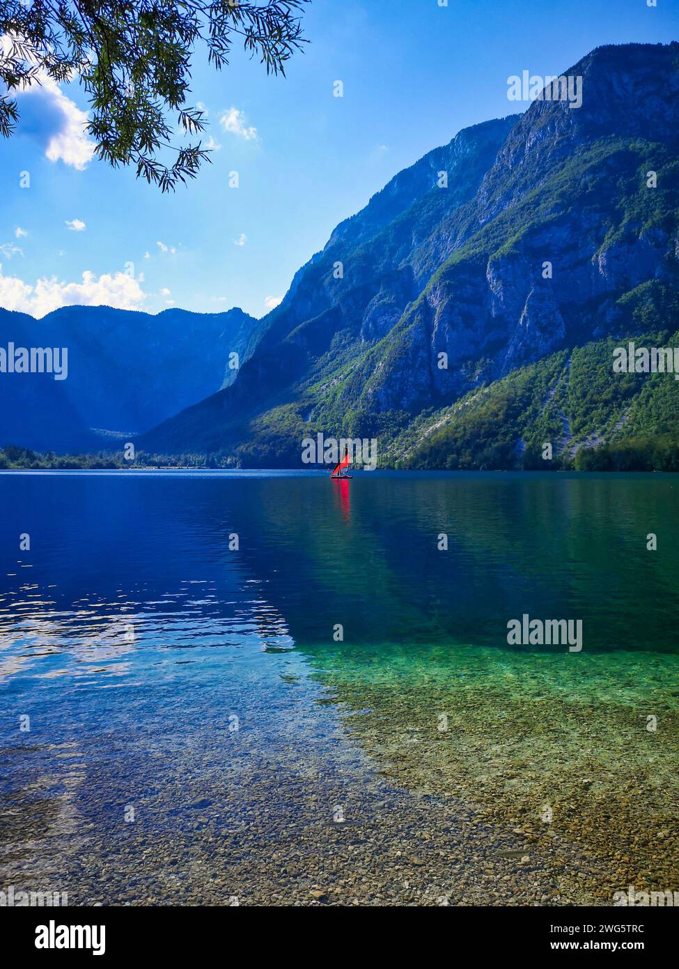 le beau lac clair bohinj avec vue sur les montagnes Banque D'Images