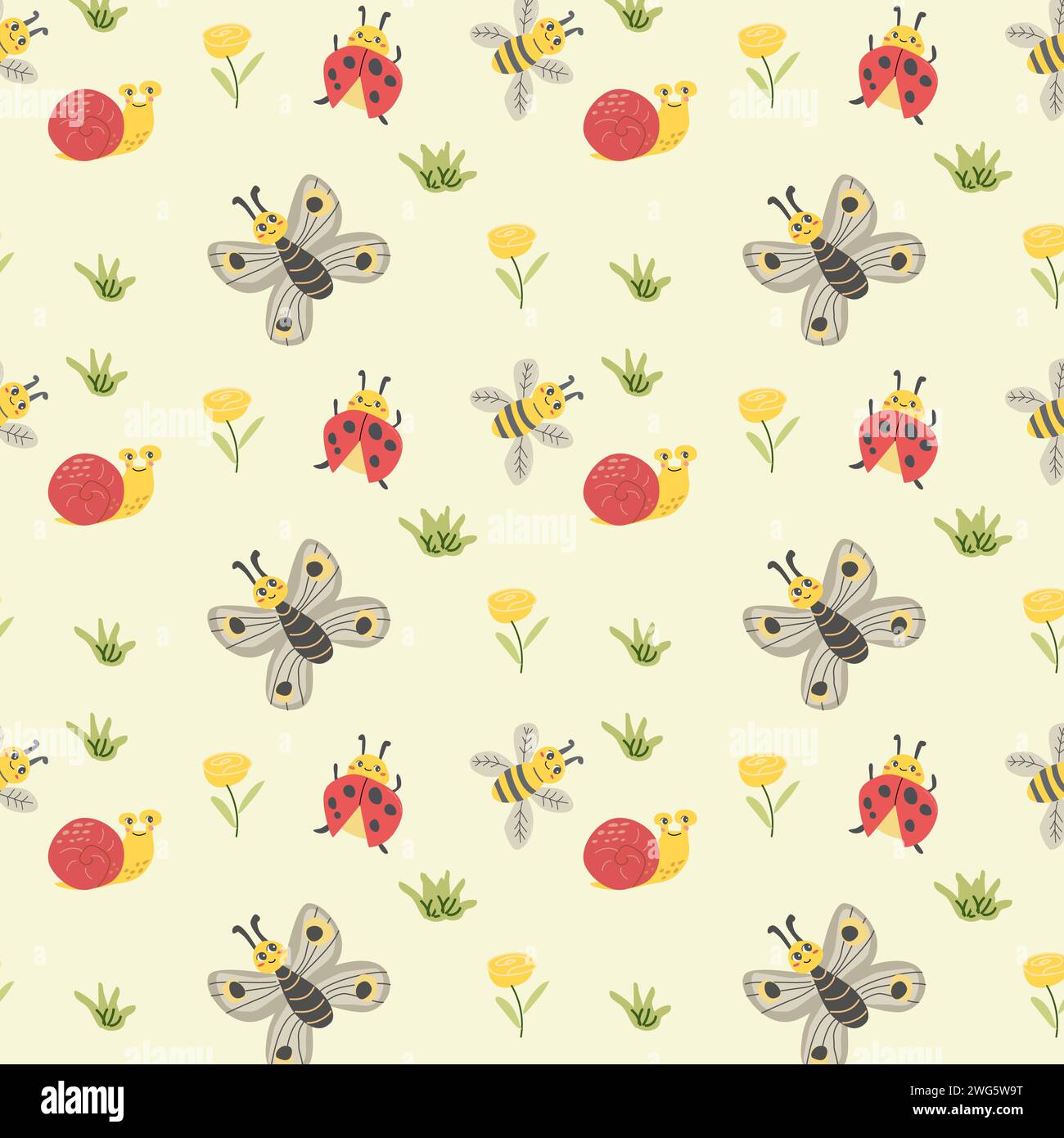 Joli motif papillon et coccinelle d'été. Illustration vectorielle sur fond jaune. Illustration de Vecteur