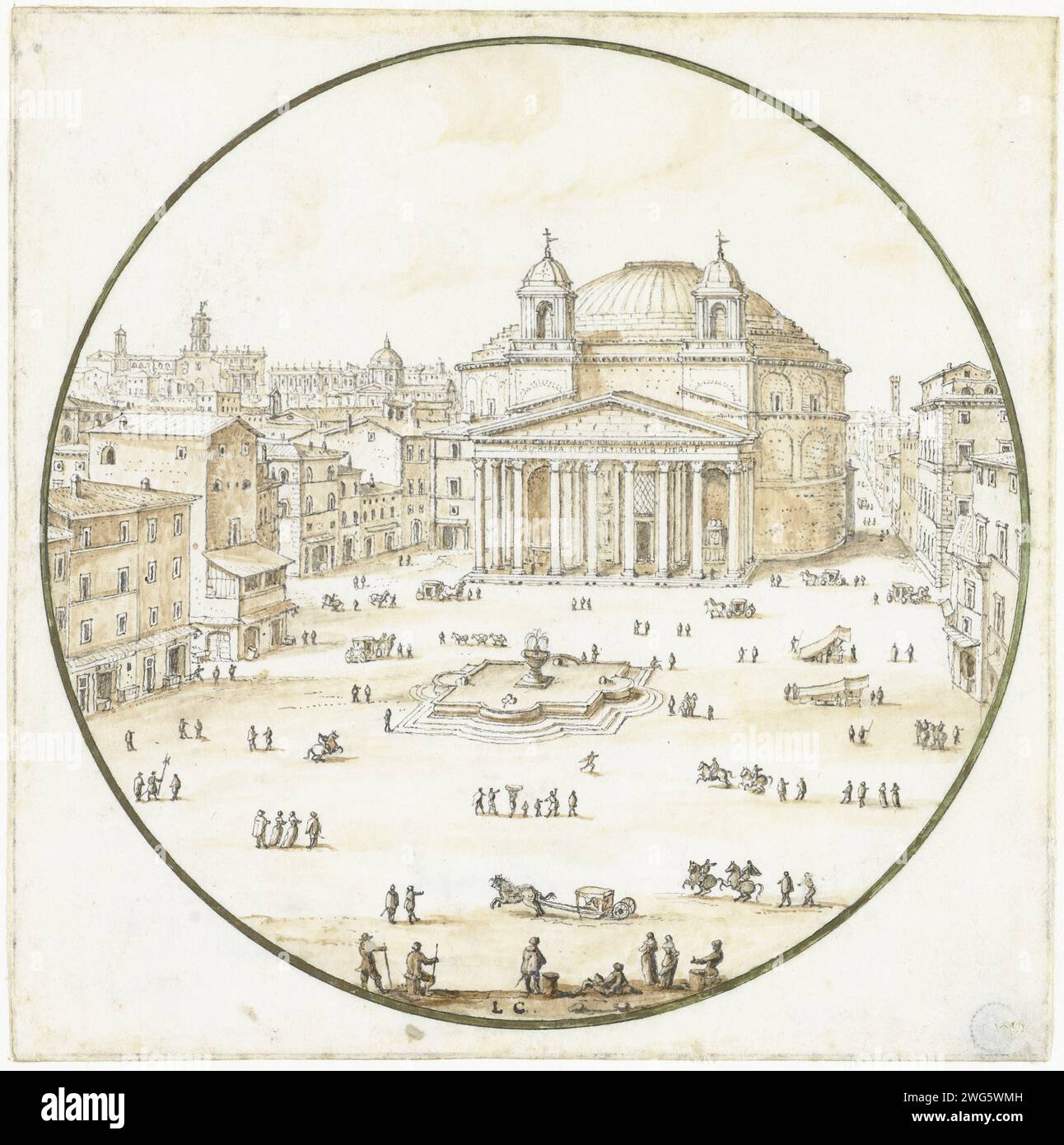 Vue du Panthéon à Rome, Lievin Cruyl, 1650 - 1720 dessin parchemin (matériel animal). Stylo à encre / brosse route publique Panthéon Banque D'Images