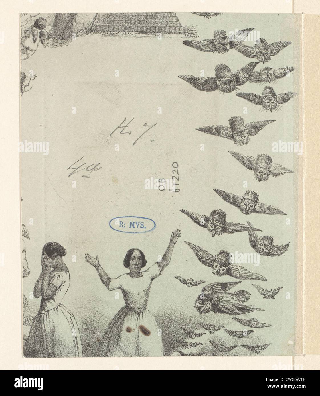 Allégorie dans la sagesse avec Minerve, anonyme, 1837 - 1880 impression sur la droite quelques hiboux volent vers le bas, où une femme aux bras levés se tient debout. La femme à l'apparence identique à côté d'elle tient ses mains devant son visage. Quelques putti volent pour elle. femme adulte en papier. hiboux. Attributs de Minerva : owl. cupidons : 'amores', 'amoretti', 'putti' Banque D'Images