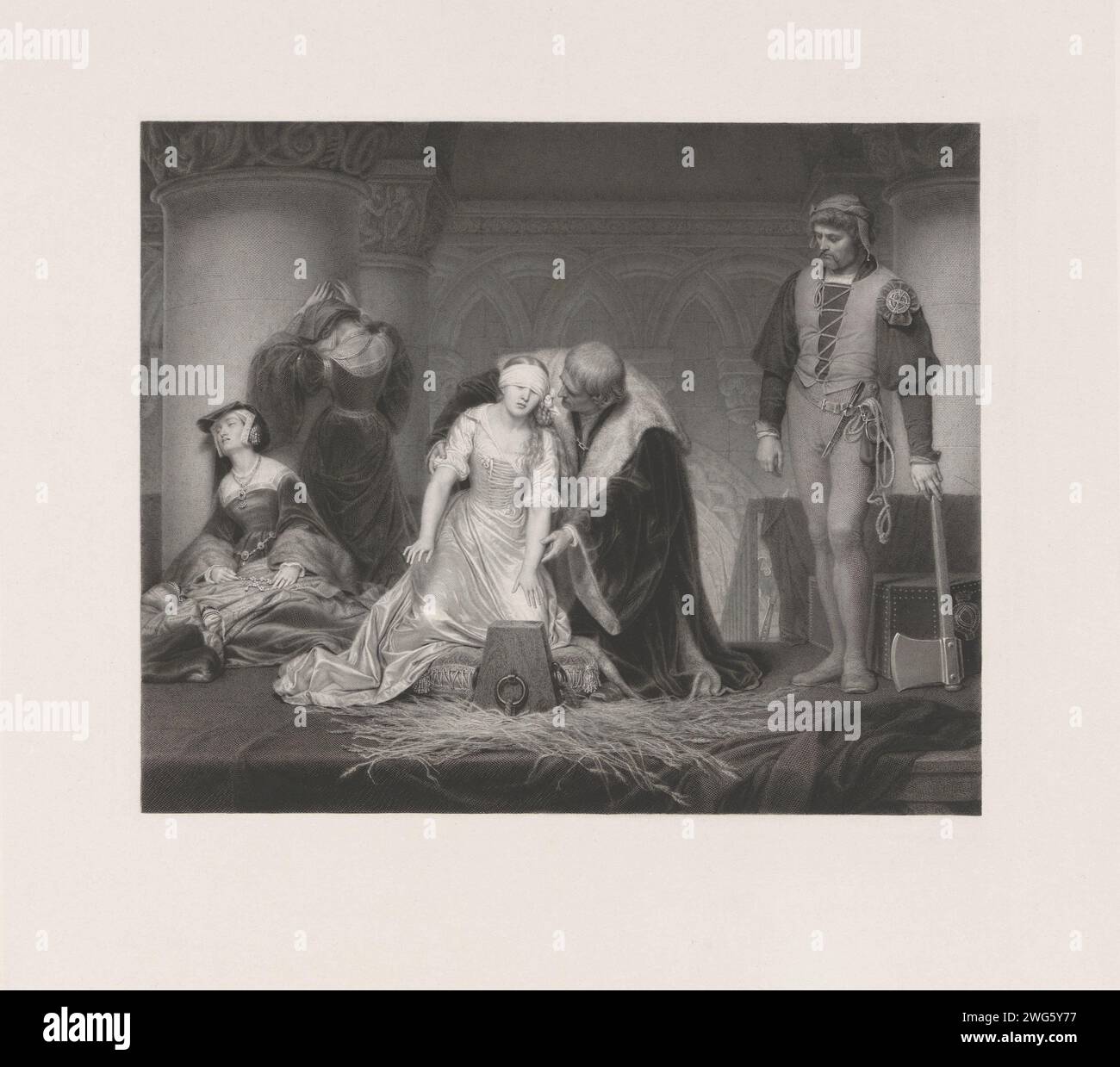 L'exécution de Lady Jane Gray, Paolo Mercuri, d'après Paul Delaroche, 1833 - 1884 print Lady Jane Gray est assise à genoux sur un oreiller. Elle a les yeux bandés et touche ses mains vers l'avant. Il y a un bloc de coupe devant elle. Un homme avec un manteau riche et en fourrure se penche sur elle. À côté de lui, le bourreau est prêt avec une hache. Deux femmes qui pleurent en arrière-plan. Papier italien. gravure / gravure sur l'échafaudage ou le lieu d'exécution Banque D'Images