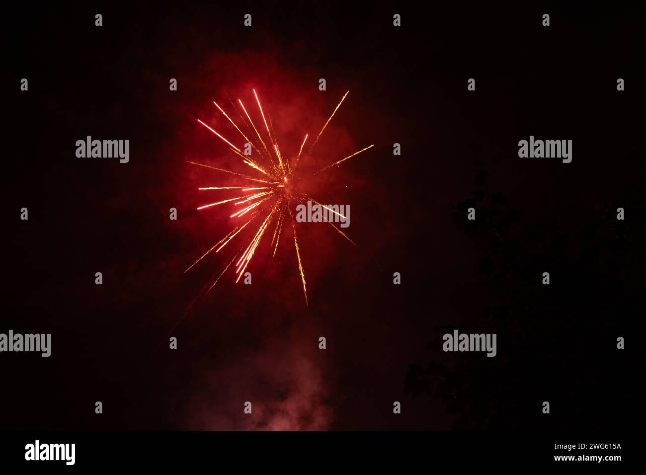 Éclatement de feux d'artifice rouges la nuit - stries vibrantes et étincelles - nuages de fumée - célébration, jour de l'an, 4 juillet, fête du canada. Prise à Toronto Banque D'Images