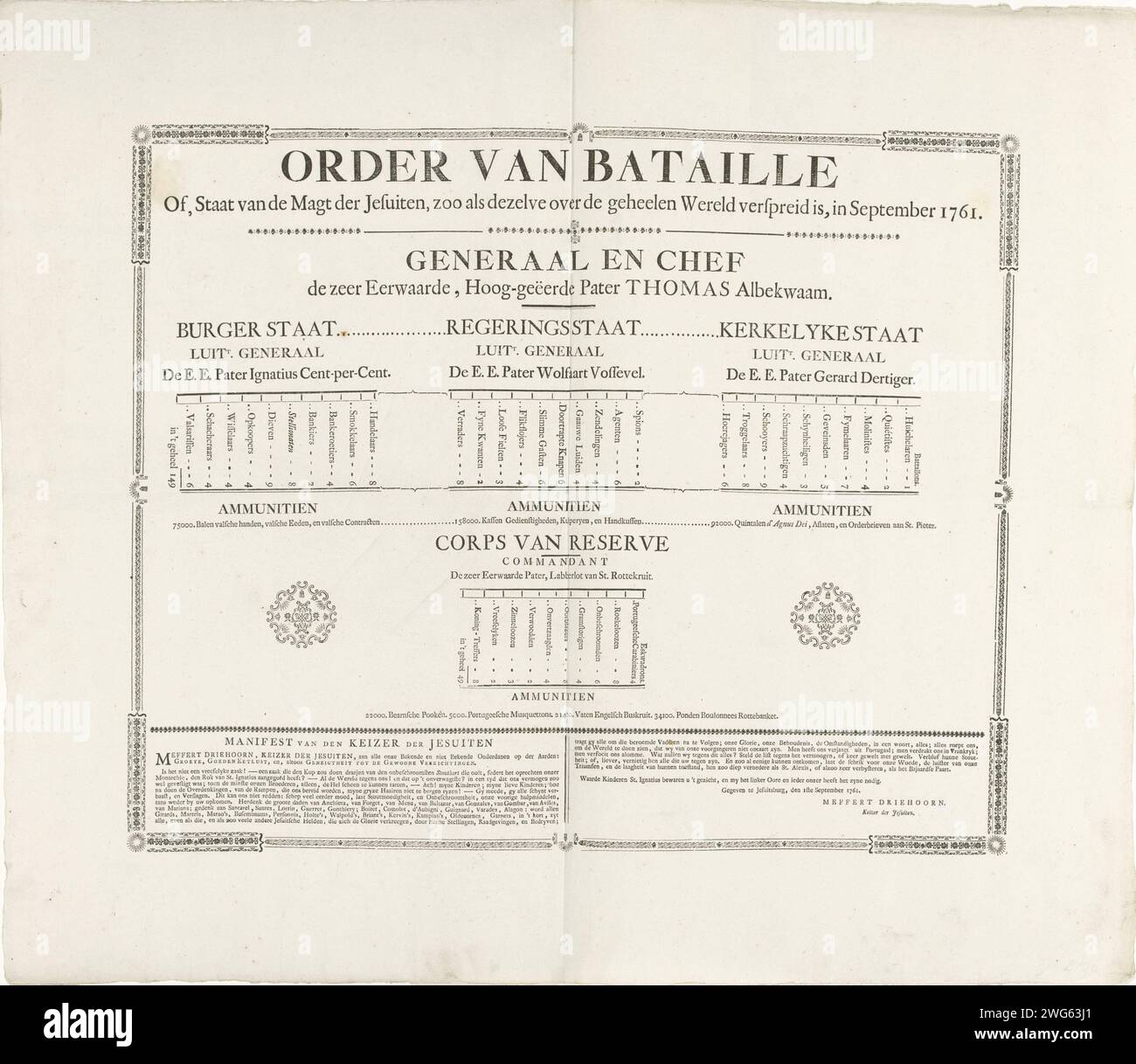 Ordre de bataille des Jésuites, 1761, 1761 feuille de texte Cartoon sur les Jésuites. Feuille satirique avec l'ordre de bataille des troupes des jésuites, avec des noms ridicules des généraux et de leurs bataillons composés de toutes sortes d'obtenir. Texte en bordure ornementale de phileten. Le texte du manifeste préparé : 1 septembre 1761. Impression typographique papier des pays-Bas du Nord Banque D'Images