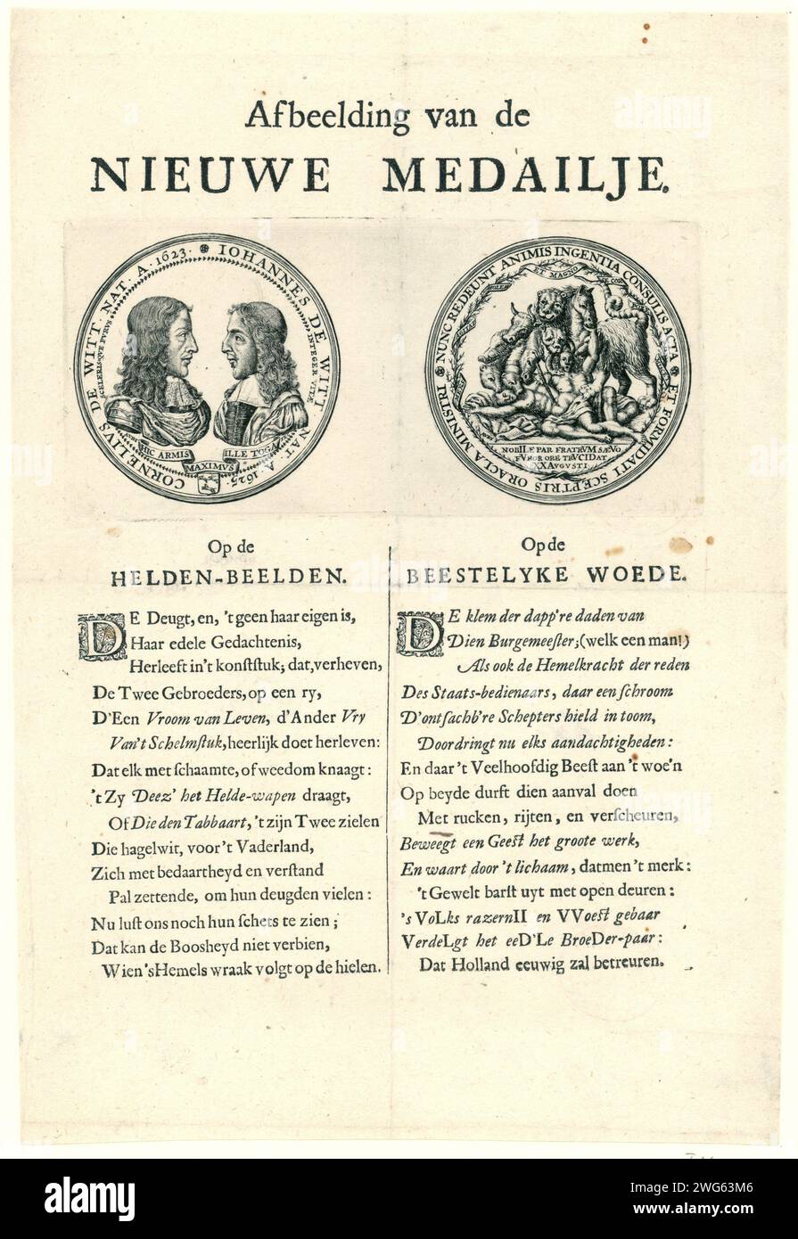 Recto et verso d'une médaille à la mort des frères de Witt, 1672, Anonyme, 1672 - 1699 print feuille avec le recto et le verso d'une médaille qui a été fabriquée en l'honneur des frères Johan et Cornelis de Witt, assassinés le 20 août 1672. La médaille montre les frères de profil face à face. Ci-dessous un nouveau 'sur les héros'. Par contre, une bête à plusieurs membres symbolise les gens qui ont mutilé les corps des frères. Ci-dessous se trouve un verset 'sur la colère bestiale'. La médaille est montrée dans Van Loon, dl. III, p. 87. Médaille de gravure sur papier / impression typographique des pays-Bas du Nord Banque D'Images