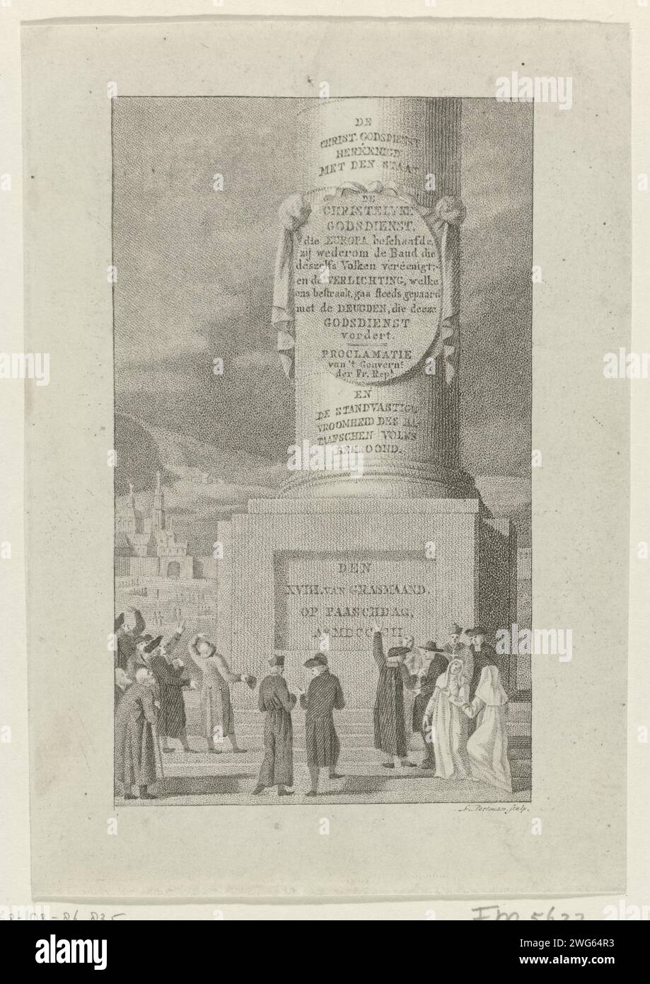 Allégorie sur la restauration de la religion chrétienne en République batave, 1802, Ludwig Gottlieb Portman, 1802 imprimer allégorie sur la proclamation du 18 avril 1802 dans laquelle la religion chrétienne a été restaurée à la République française et batave. Figures recueillies autour d'une colonne avec des textes. Pays-Bas gravure sur papier représentations allégoriques et symboliques  l'Église et la religion Banque D'Images