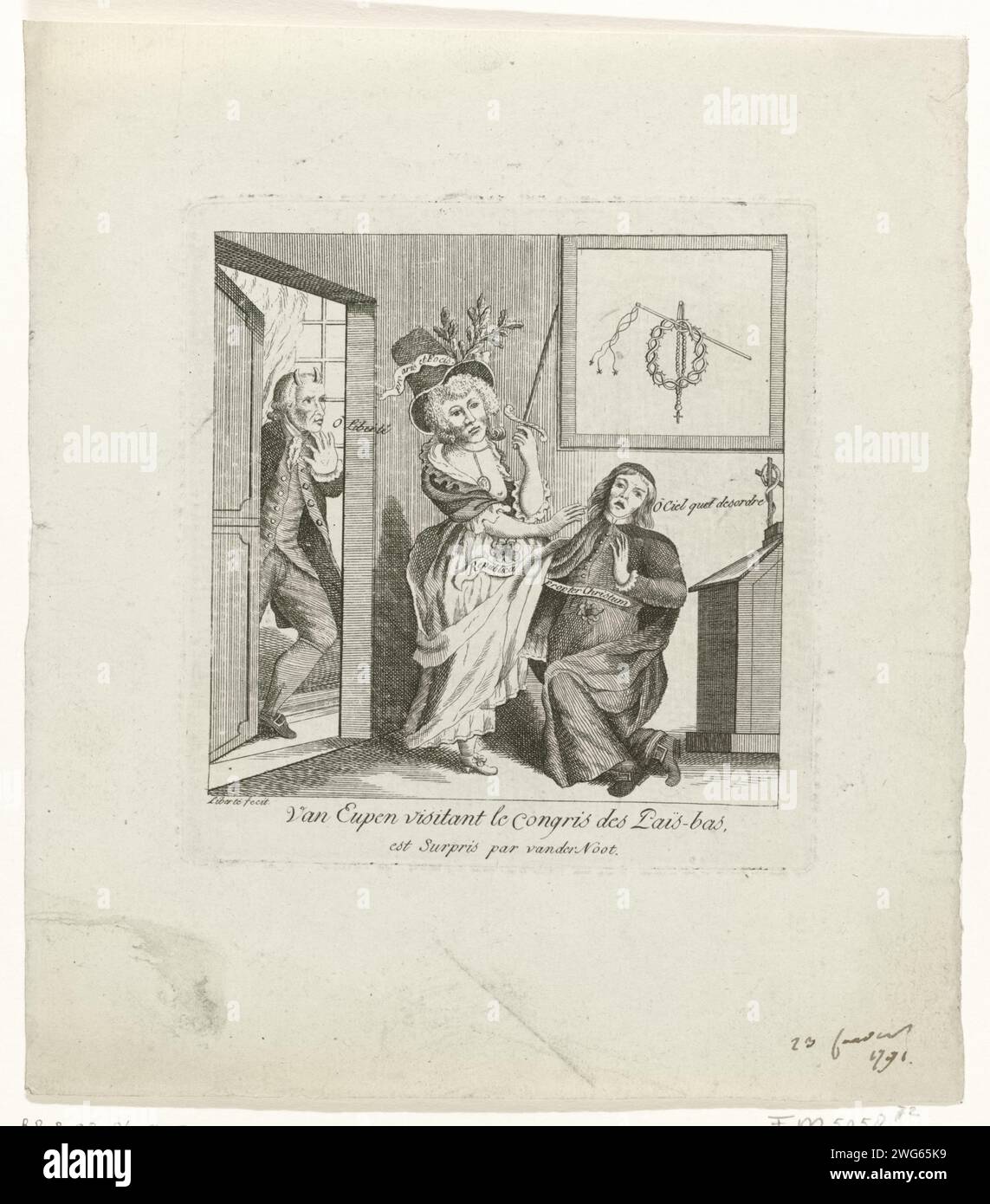 Van Eupen attrapé par Van der Noot, anonyme, 1787 - 1791 imprimer Cartoon sur les dirigeants de la Révolution Brabante, Petrus van Eupen et Hendrik van der Noot. Van der Noot comme un coin (le mari trompé) attrapa le prêtre d'Eupen avec sa main sous les jupes des femmes Republica. Par la présente la date du 23 janvier 1791 écrite à la main. Fait partie d'un grand groupe d'estampes relatives aux événements de la Révolution Brabant et de la période 1787-1790. Gravure sur papier du sud des pays-Bas / gravure avec le Brabant tiers indésirable Banque D'Images