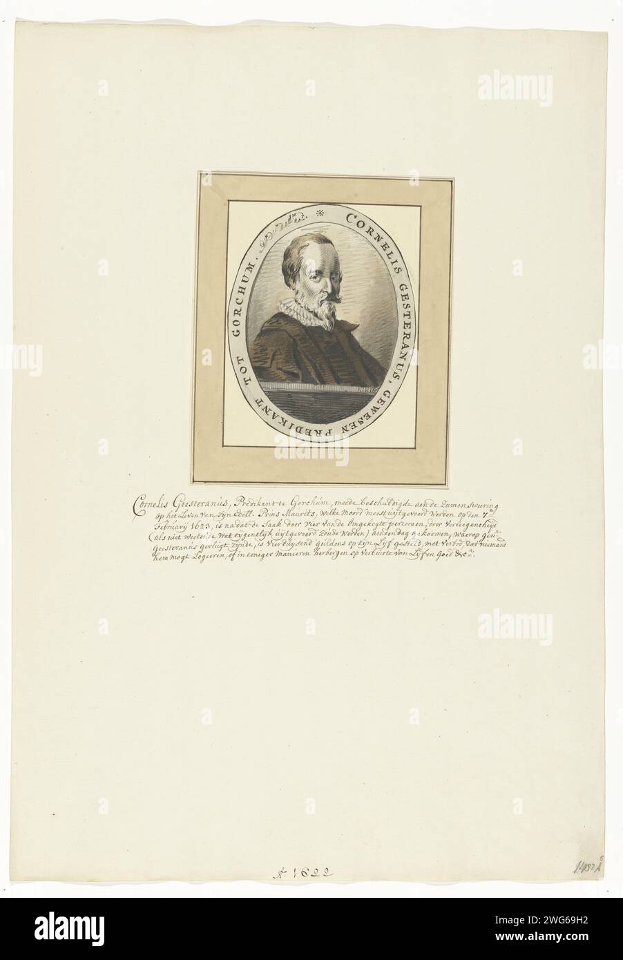 Portrait de Cornelis Geesteranus, 1623, 1715 - 1795 dessin Portrait de Cornelis Geesteranus, l'un des conspirateurs contre Maurits en 1623. Buste à Ovaal, à droite. Avec script Edge en néerlandais. Sur la feuille sous le portrait collé une biographie manuscrite de la personne représentée. Papier néerlandais complot (révolutionnaire), conspiration Banque D'Images