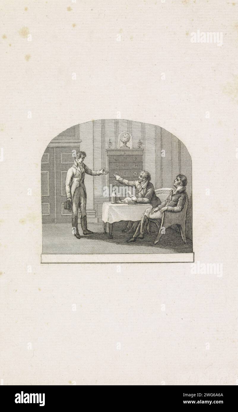 Page de titre pour : de gardes d'Honneur in Vier Zangen, Dirk Hendrik ten Kate van Loo, la Haye 1815, Reinier Vinkeles (I), d'après Abraham Vinkeles, 1813 - 1815 print vignette pour la page de titre d'un livre sur les gardes d'Honneur. Un jeune homme est désigné par le préfet Antoine de celles pour le service obligatoire à la garde d'honneur de Napoléon, avril 1813. Pays-Bas gravure sur papier / gravure conscription forcée, presse ganging. garde d'honneur Banque D'Images