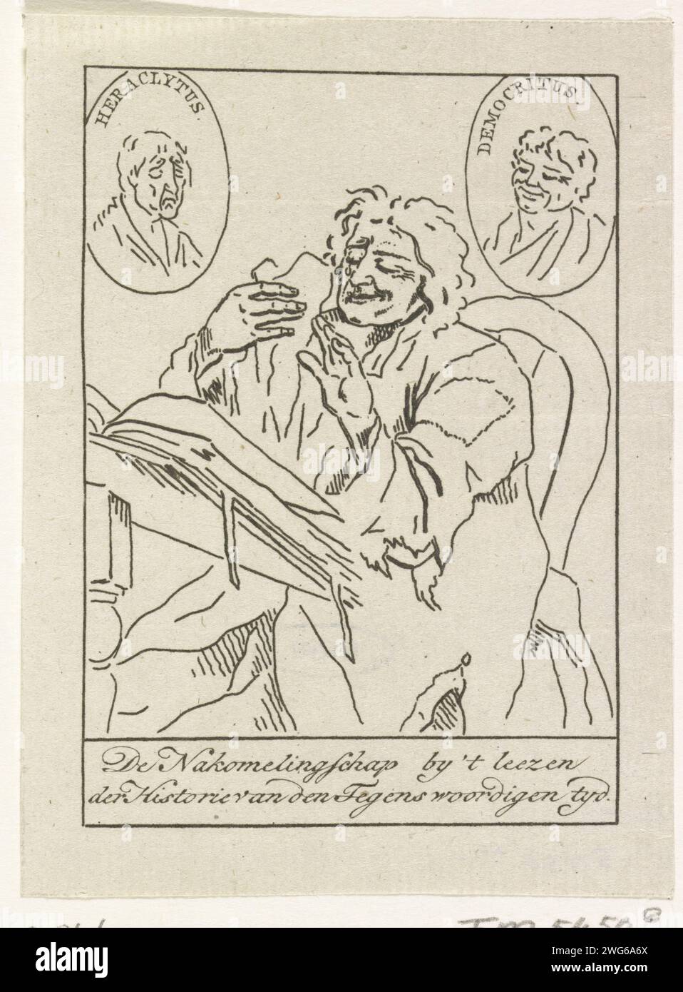 Lecture de l'histoire du présent, 1796, Pieter van Woensel, 1795 - 1796 imprimer Cartoon d'un homme (notre descendant) qui, en lisant l'histoire du présent, devrait à la fois pleurer et rire, 1796. Au sommet deux médaillons avec Héraclite et Démocrite. Lecture de gravure de papier aux pays-Bas. Héraclite, le philosophe pleureur, et Démocrite, le philosophe riant Banque D'Images