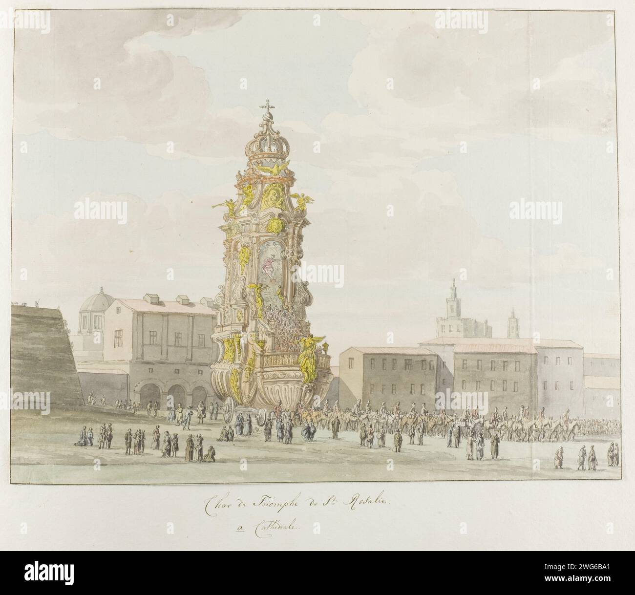 Voiture Triumph pour Santa Rosalia, 1778 dessin voiture Triumph pour Santa Rosalia, peut-être en procession lors de ses vacances le 15 juillet à Palerme. Tiré de l'album 'Voyage et l'Italie, et Sicile et à Malte', 1778. papier. craie. pinceau aquarelle (peinture) / stylo Banque D'Images