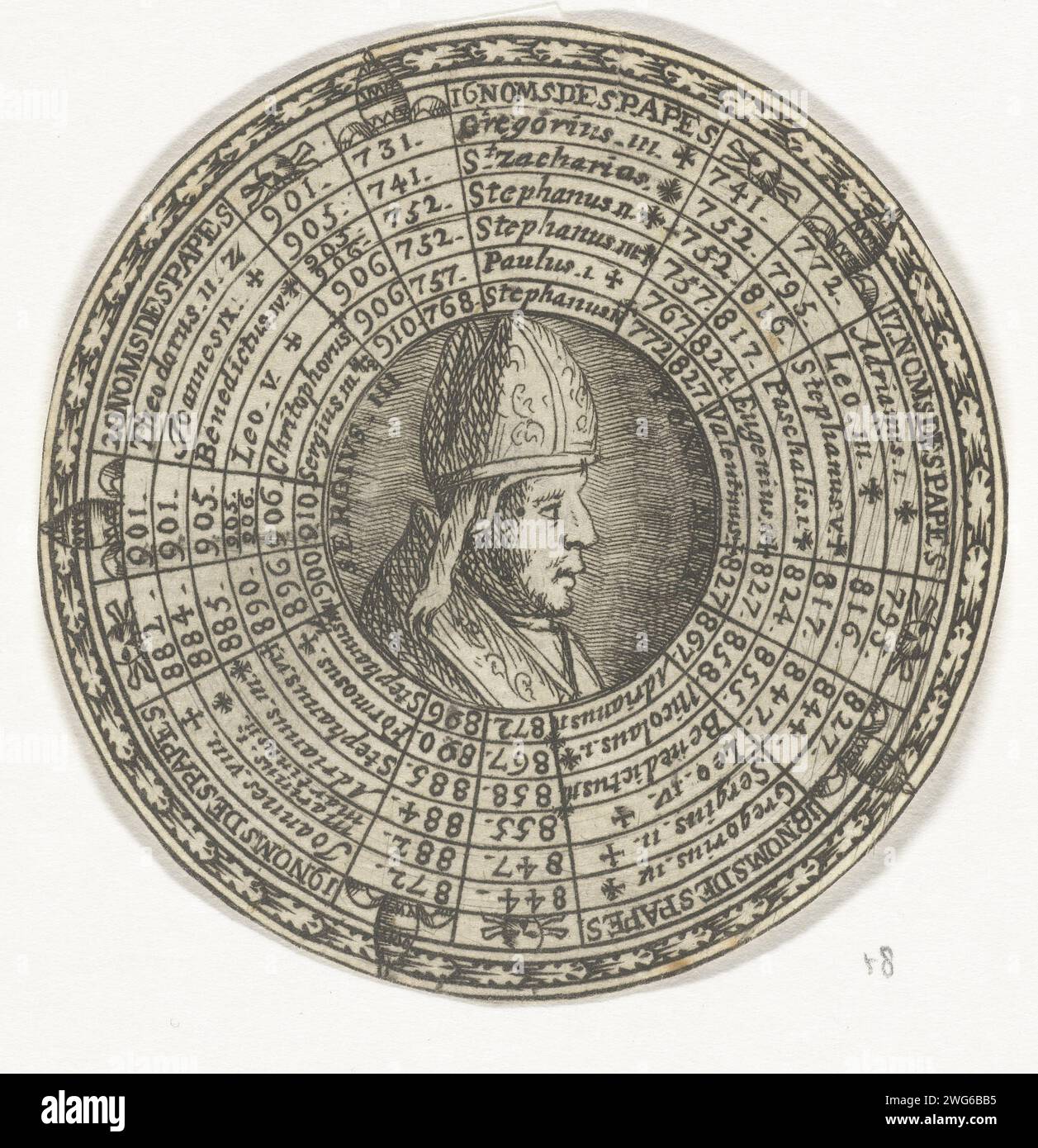 Jetons avec le portrait du pape Serge III et les noms des papes, anonyme, d'après Nicolas Chevalier, 1685 - 1720 print conception d'une médaille ronde avec, dans sept cercles concentriques, les noms des papes et leurs années de gouvernement, commençant par le pape Grégoire III et se terminant par le pape Serge III Au milieu de la médaille le portrait du pape Serge III. Sceau de gravure en papier Amsterdam (symbole de souveraineté). pope Banque D'Images