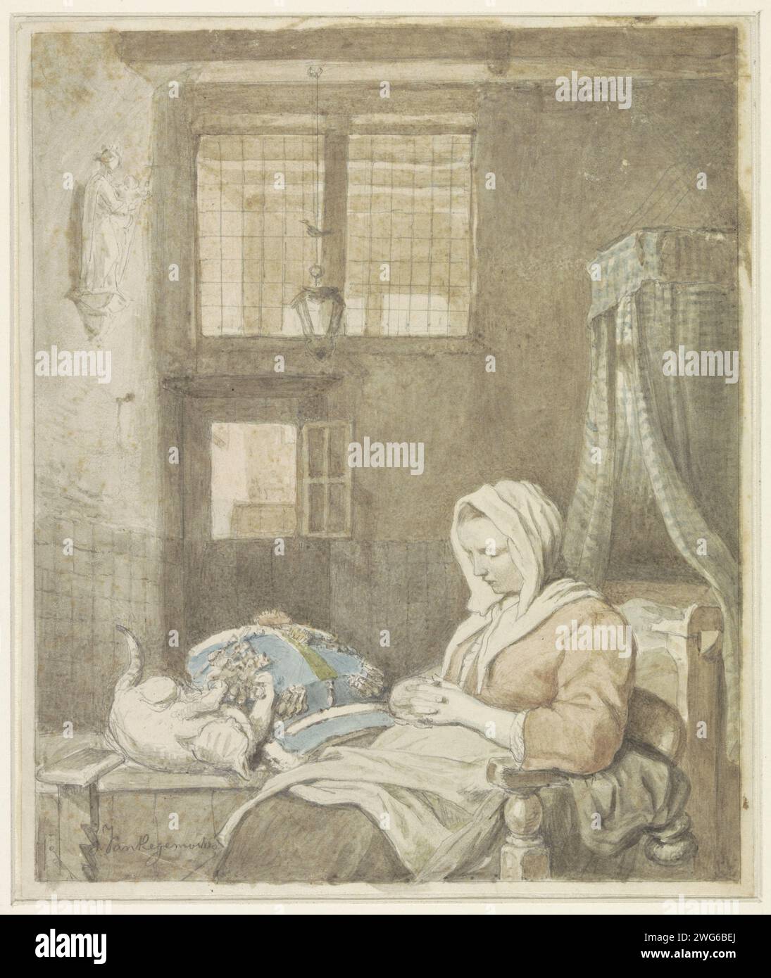 Le travailleur de dentelle de sommeil, Ignatius Josephus van Regemorter, 1795 - 1873 dessin conception pour une impression. papier. aquarelle (peinture). pinceau accusant Banque D'Images