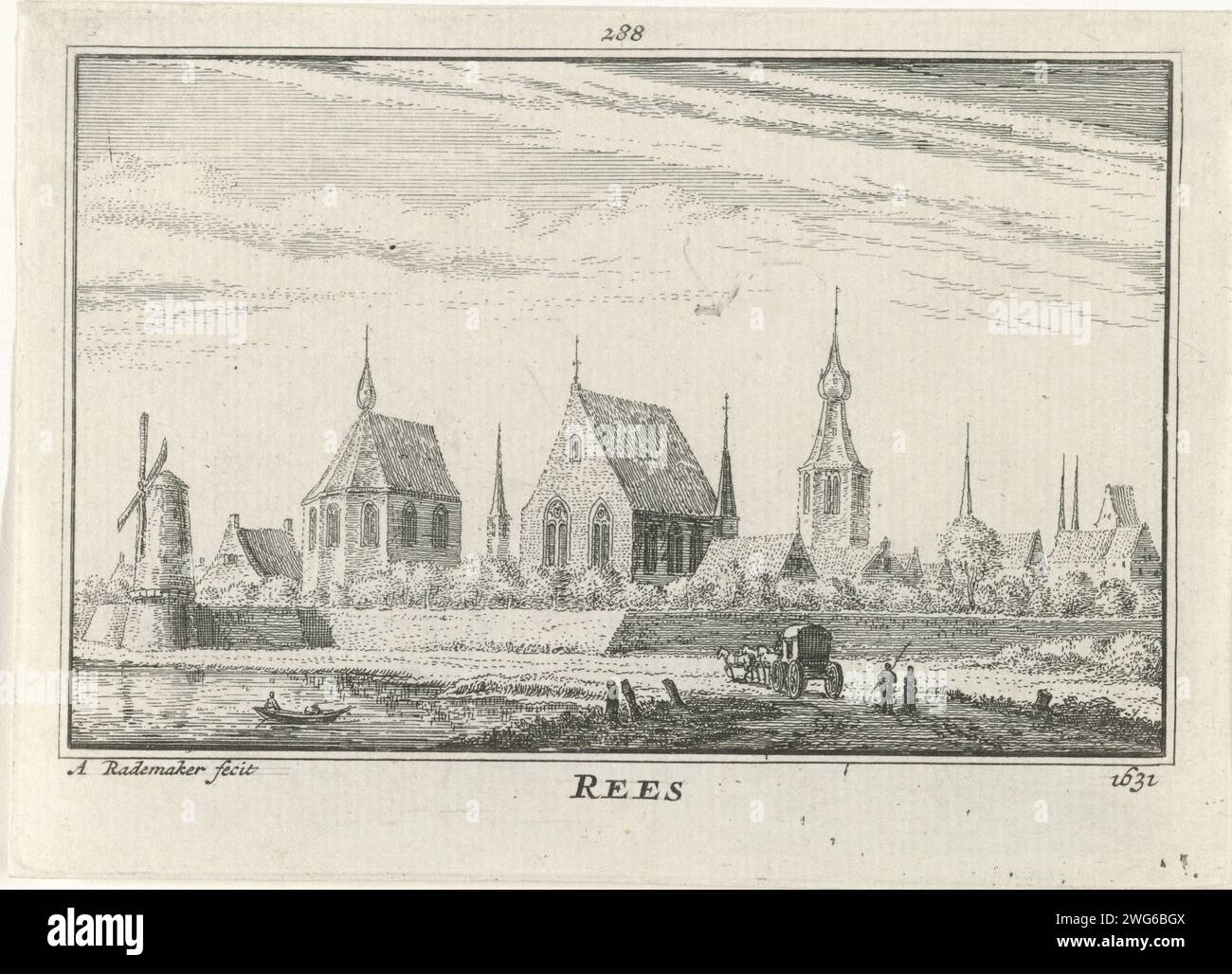 Vue de Rees, Abraham Rademaker, 1727 - 1733 imprimer vue de la ville allemande sur le Nederrijn, dans la situation vers 1631. Derrière les toits des murs de la ville de Huizen et de l'église. Amsterdam papier gravure église (extérieur) Rees. Région du Rhin inférieur Banque D'Images