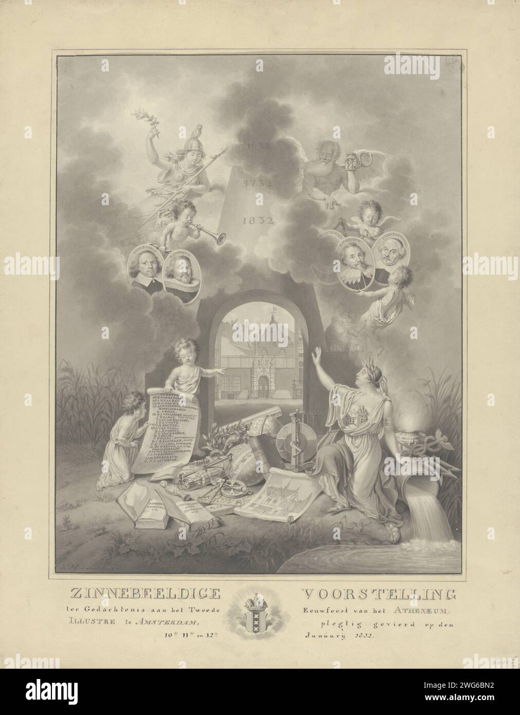 Allégorie à la fête du IIe siècle de l'Athenaeum illustre à Amsterdam, 1832, 1832 dessin allégorie à la fête du IIe siècle (1632-1832) de l'Athenaeum illustre à Amsterdam, célébrée le 10-12 janvier 1832. Aiguille avec ouverture à travers laquelle un visage sur la porte de l'Agnietenkapel sur l'Oudezijds Voorburgwal à Amsterdam où se trouve Athenaeum illustre. Sur la droite le Stedensmaag d'Amsterdam, à gauche deux génies avec une liste des noms des conservateurs et des professeurs. Livre sur le terrain et instruments scientifiques. Dans les nuages Minerva et père temps avec médaillons avec p Banque D'Images