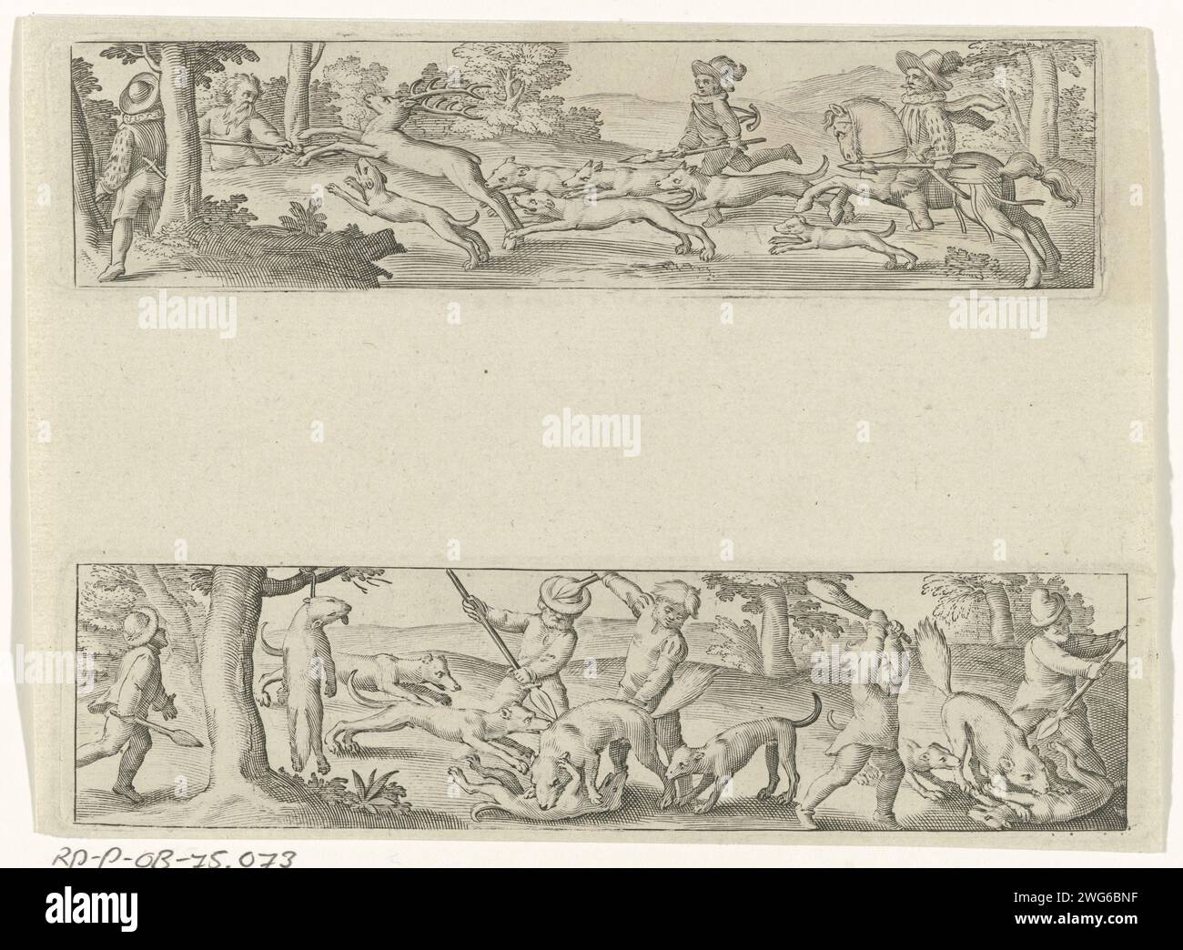 Paysage avec chasse au cerf / paysage avec chasse au loup, anonyme, 1580 - 1650 imprimer deux représentations sur une feuille. A l'étage : les chasseurs chassent avec des chiens de chasse et des lances à la main sur un cerf. Ci-dessous : chasse chasse sur les loups. A gauche un loup tué suspendu dans un arbre. Deux loups attaquent les chiens de chasse. Low Country gravure papier chasse-cerf. chasse  mammifères Banque D'Images