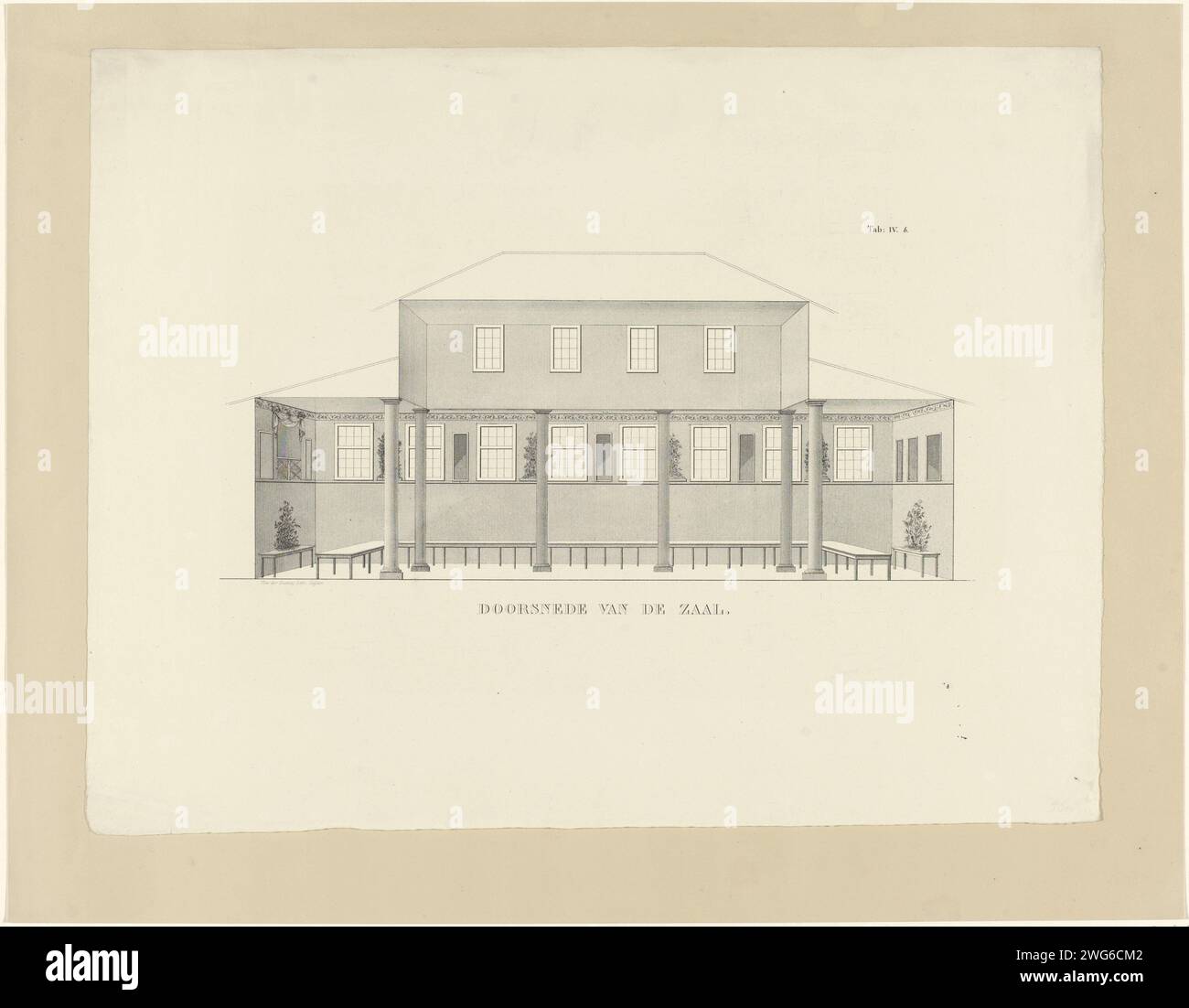 Section de la salle [1838], 1838 imprimer Section de la salle des fêtes fondée au Burcht à Leiden pour la célébration festive de la réunion quinquennale des anciens élèves de la Leidsche Hogeschool le 9 août 1838. Marqué en haut à droite : Tab : IV b. Voir aussi la poignée de commande. Section de papier Leiden  conception architecturale ou modèle. Fête (étudiants) Château de Leiden Banque D'Images