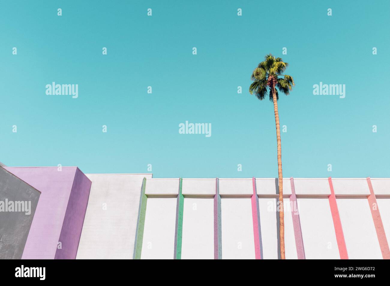 Bâtiment blanc avec des rayures arc-en-ciel colorées et un palmier à Palm Springs, Californie Banque D'Images