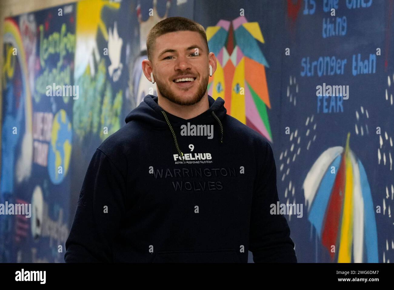 Warrington, Royaume-Uni. 03 février 2024. Danny Walker de Warrington Wolves arrive au stade avant le match de Rugby League Joe Philbin Testimonial Warrington Wolves vs Leigh Leopards au stade Halliwell Jones, Warrington, Royaume-Uni, le 3 février 2024 (photo Steve Flynn/News Images) à Warrington, Royaume-Uni le 2/3/2024. (Photo Steve Flynn/News Images/Sipa USA) crédit : SIPA USA/Alamy Live News Banque D'Images