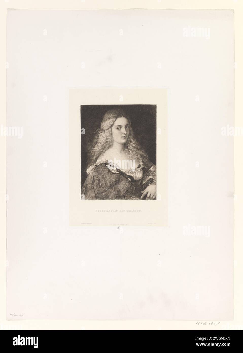 Portrait d'une femme vénitienne inconnue, William Unger, d'après Jacopo Palma (il Vecchio), 1861 - 1889 copies papier de Vienne. Gravure anonyme personne historique représentée - BB - femme. fleurs : violet Banque D'Images