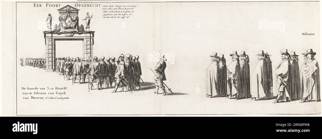 La procession funéraire de Frederik Hendrik (plaque no. 1), 1647, Pieter Nolpe, d'après Pieter Jansz. Post, 1647 - 1651 imprimer la procession funéraire du Stadholder Frederik Hendrik à la Haye le 10 mai 1647. Plaque n° 1 avec la partie avant de la procession qui passe par une porte honorifique. Fait partie d'une série de 30 planches et 20 magazines de texte, destinés à être collés ensemble. Imprimeur : Northern Netherlandspublisher : The Hagueprinter : Amsterdam papier gravure cortège, procession funéraire la Haye Banque D'Images