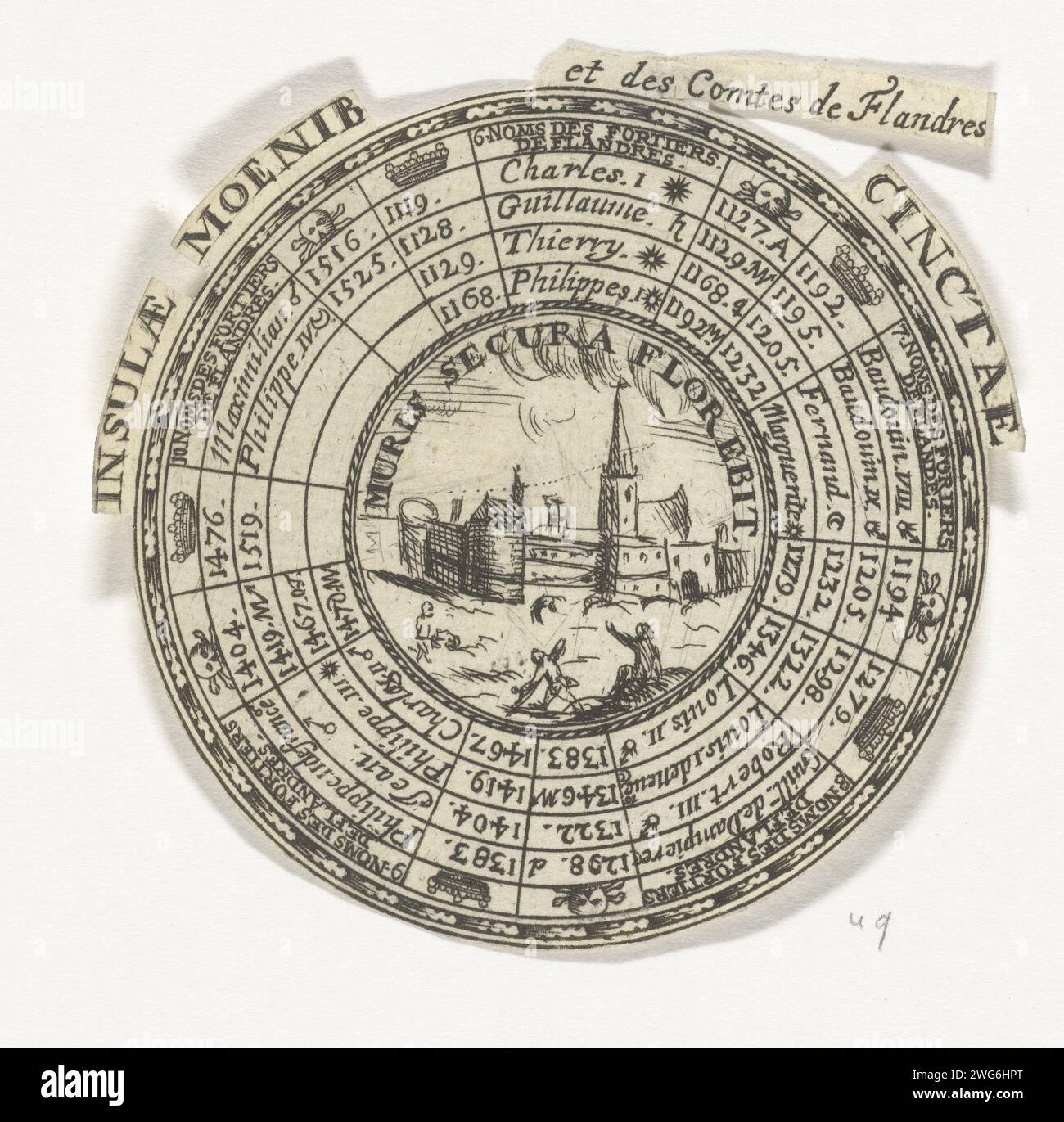 Jetons avec un emblème et les noms des tombes de Flandre, Anonyme, d'après Nicolas Chevalier, 1685 - 1720 print conception d'une médaille ronde avec, dans cinq cercles concentriques, les noms des tombes de Flandre et leurs années de gouvernement, en commençant par le comte Karel Ier et en terminant par Philippe le Schone van Vlaanderen. Au milieu de la médaille un emblème avec un visage sur un château. La devise de l'emblème est : 'muris Secura Florebit'. Sceau de gravure en papier Amsterdam (symbole de souveraineté). seigneur féodal. Idées abstraites et concepts (+ représentation symbolique du concept). paysage avec tour ou castl Banque D'Images