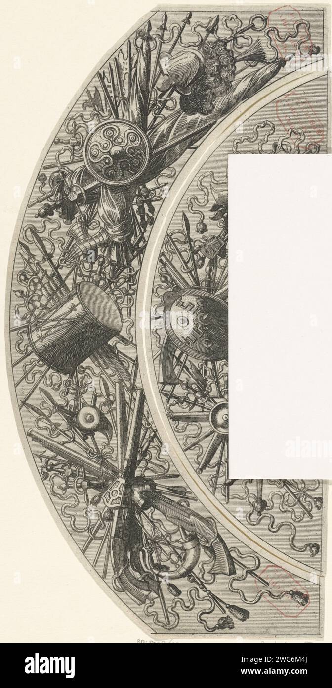 Grand trophée d'arme courbé, 1572 impressions dans le trophée, bannières croisées, un tambour et diverses armes croisées pendent. De la série, composée d'une page de titre et de 16 magazines. Pays-Bas (peut-être) gravure sur papier Banque D'Images