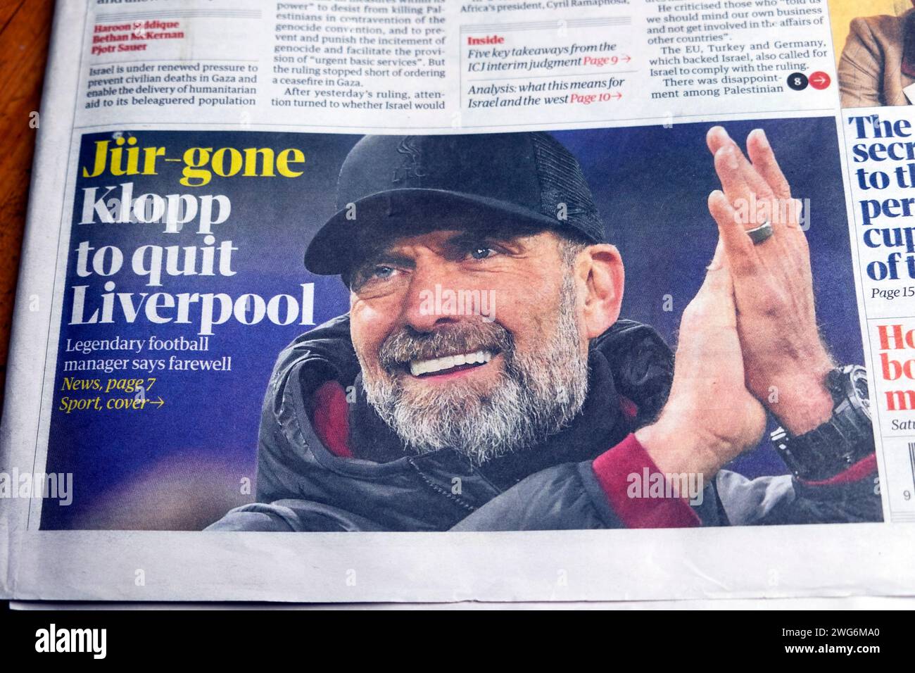 'Jür Gone (Jürgen) Klopp à quitter Liverpool' football Club en tant que Premier League Manager journal titre Guardian page couverture 27 janvier 2024 Londres Royaume-Uni Banque D'Images