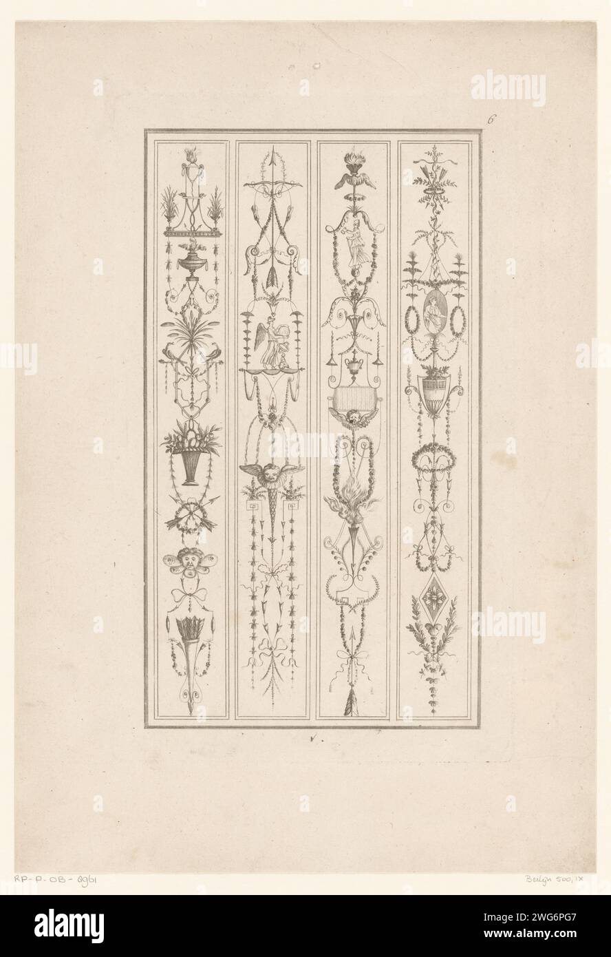 Arabe avec des récipients fumants, des oiseaux, des figures avec des globes et une torche, Jean Baptiste Fay, 1784 - 1796 imprime quatre panneaux verticaux avec des arabesques et des récipients fumants, des oiseaux, un panier avec des fleurs, des flèches, des flèches, un ange avec globe, une figure sur un globe, une torche, un médaillon et un vase. Paris gravure sur papier / ornement gravure  arabesque. encens-brûleur  parfums, parfums. oiseaux. figurine debout. globe. torche Banque D'Images