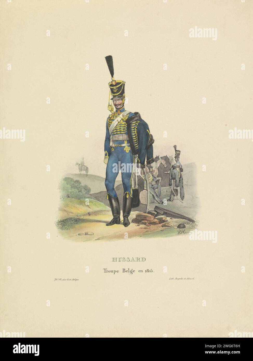 Nederlandse Huzaar, 1815, Jean -Louis Van Hemelryck, 1828 - 1830 imprimer Présentation uniforme d'un hussard des troupes néerlandaises lors de la bataille de Waterloo en 1815. Partie d'une tôle de 1830 sur costume traditionnel belge à travers les siècles. Imprimeur : Belgiumprinter : uniformes (militaires) en papier bruxellois Banque D'Images