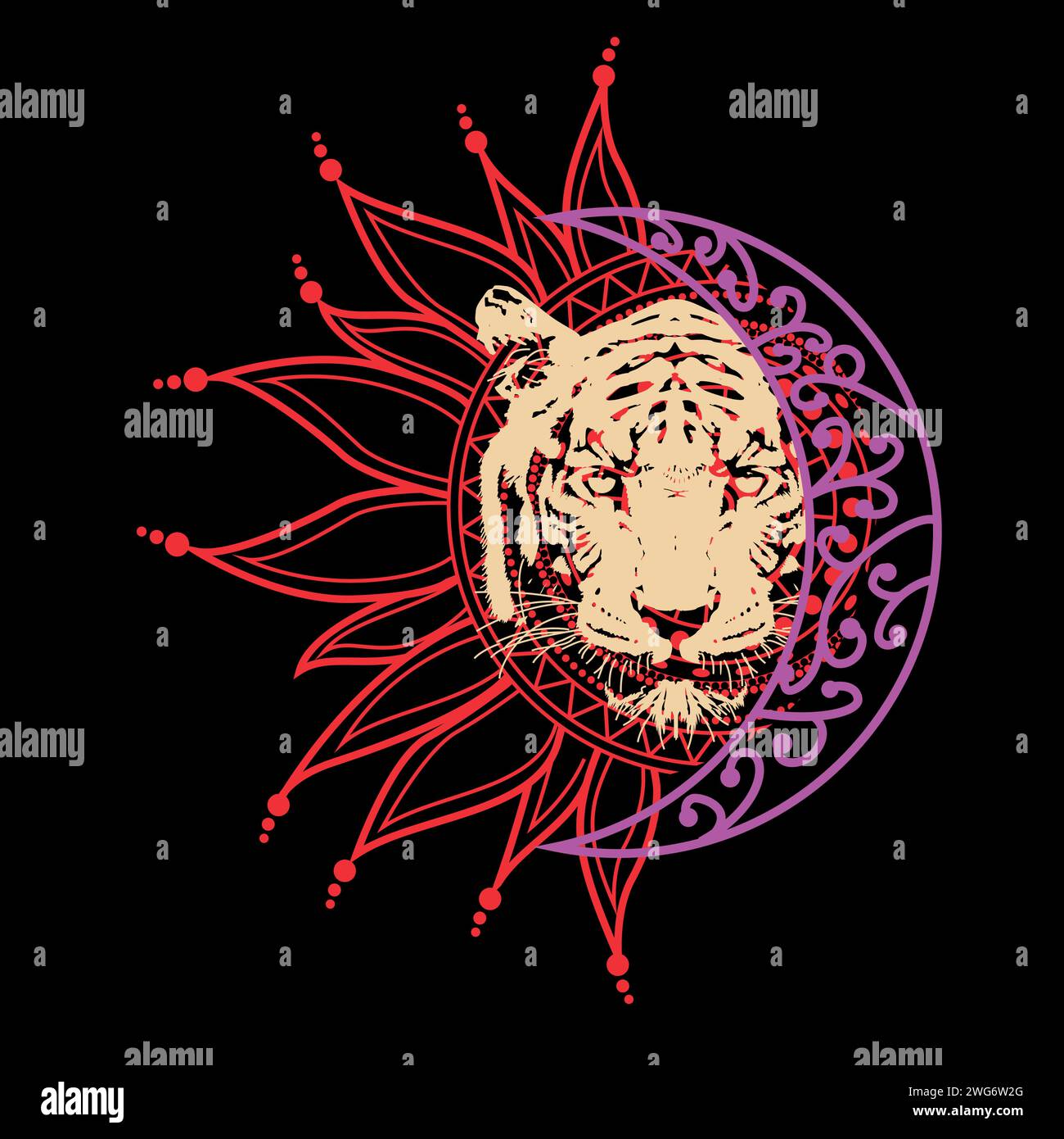 T-shirt design d'une tête de tigre à côté du soleil et de la lune avec des couleurs violettes sur un fond noir. Illustration de Vecteur