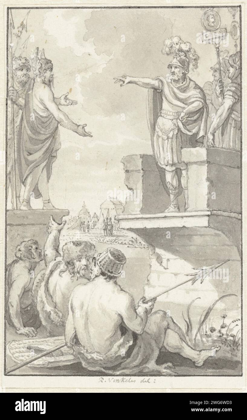 Négociations de paix entre Claudius Civilis et Petilius Cereeeal sur un pont-pont, 69-70, Reinier Vinkeles (I), 1802 - 1804 dessin Civilis et Cerialis négocier et faire la paix sur le pont brisé, 69-70. papier. stylo à encre / brosse négociations de paix. Peuples éteints, 'historiques' (avec NOM). Peuples éteints, 'historiques' (avec NOM). Hommes de l'histoire classique (CIVILIS, Claudius). Hommes de l'histoire classique (CEREALIS, Petilius) pays-Bas Banque D'Images