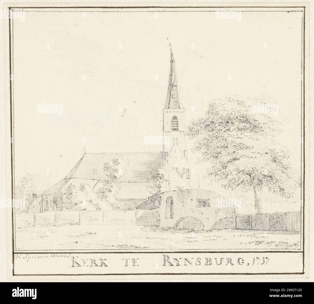 L'église de Rijnsburg, Hendrik Spilman, 1737 papier à dessin. Église crayon (extérieur) Rijnsburg Banque D'Images