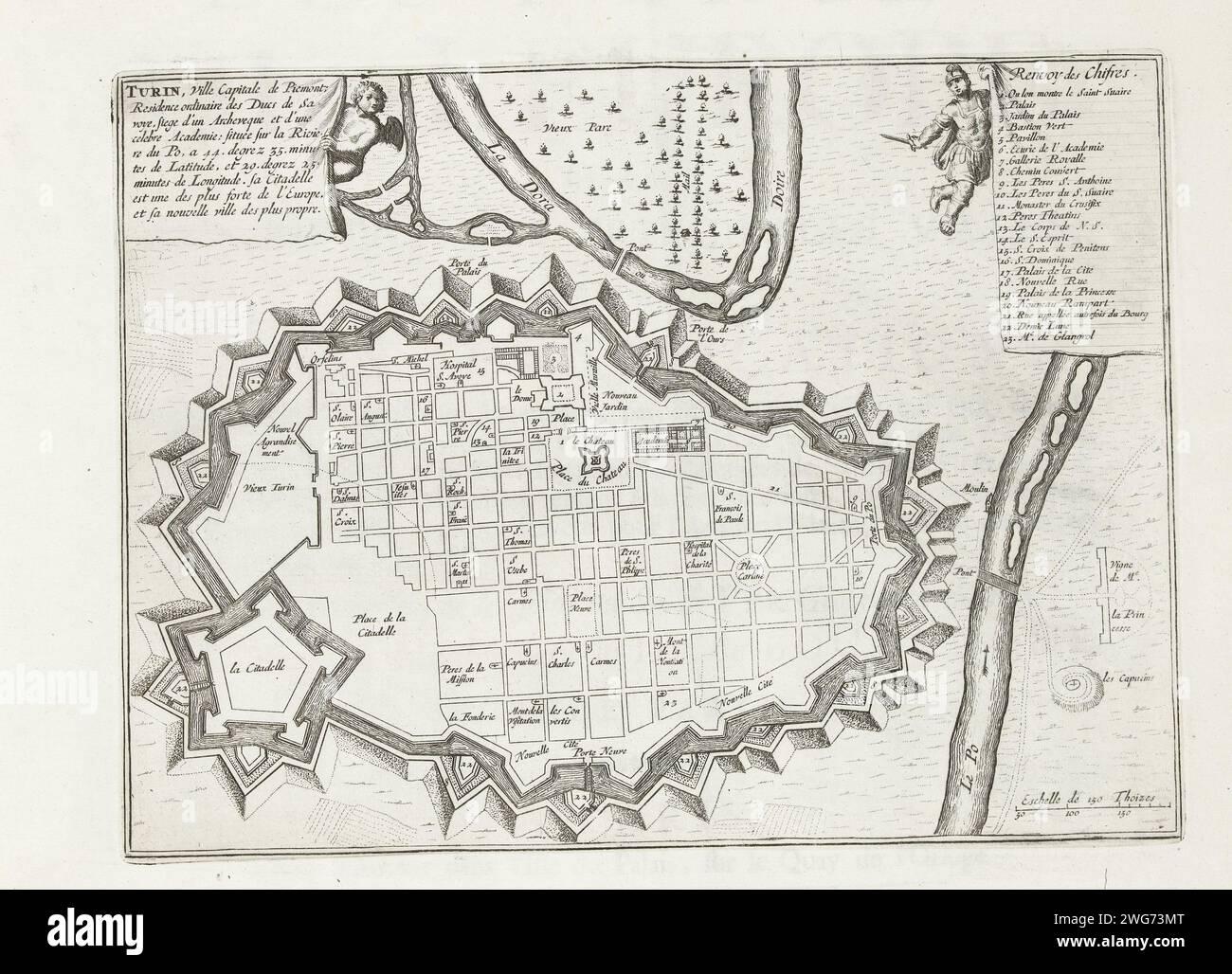 Carte de Turin, 1693, 1693 imprimer carte de Turin et les fortifications autour de la ville. Partie de la première partie (1693) de l'ouvrage dans lequel les huit parties des Forces de l'Europe sont publiées entre 1693 et 1697. L’œuvre imprimée est composée de 175 planches avec des plans (de Sébastien le Prestre, Seigneur de Vauban) de villes fortes et de forteresses renommées de la guerre de neuf ans. Titre et inscriptions en français. Imprimeur : Francepublisher : Paris papier gravure cartes des villes. Forteresse Turin Banque D'Images