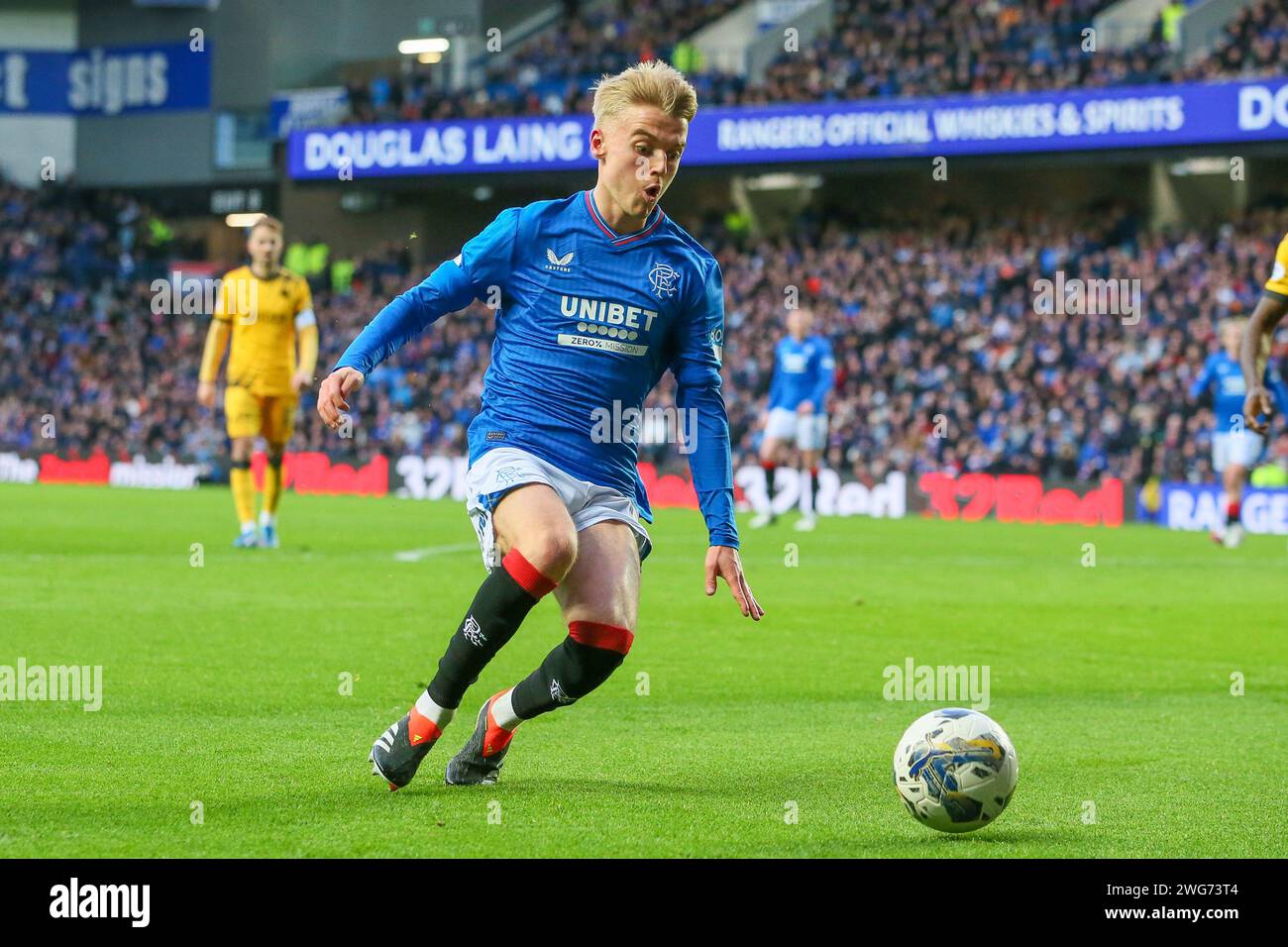 Glasgow, Royaume-Uni. 03rd Feb, 2024. Les Rangers FC affrontent le Livingston FC à l'Ibrox Stadium, le stade des Rangers, dans un match de premier rang écossais de Cinch. Les Rangers sont actuellement 2e de la ligue, 5 points derrière le Celtic et Livingston FC sont en bas de la ligue avec seulement 13 points. Crédit : Findlay/Alamy Live News Banque D'Images