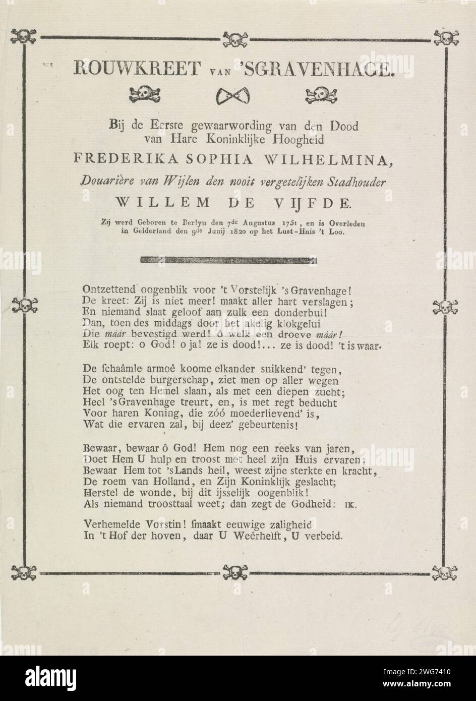 Frais à la mort de Wilhelmine Princesse-Douairière d'Oranje-Nassau, 1820, Anonyme, 1820 feuille de texte vers à la mort le 9 juin 1820 de Wilhelmine Princesse-Douairière d'Oranje-Nassau, veuve du Prince Willem V. au texte un cadre de lignes noires et de crânes. La Haye impression typographique papier la Haye Banque D'Images