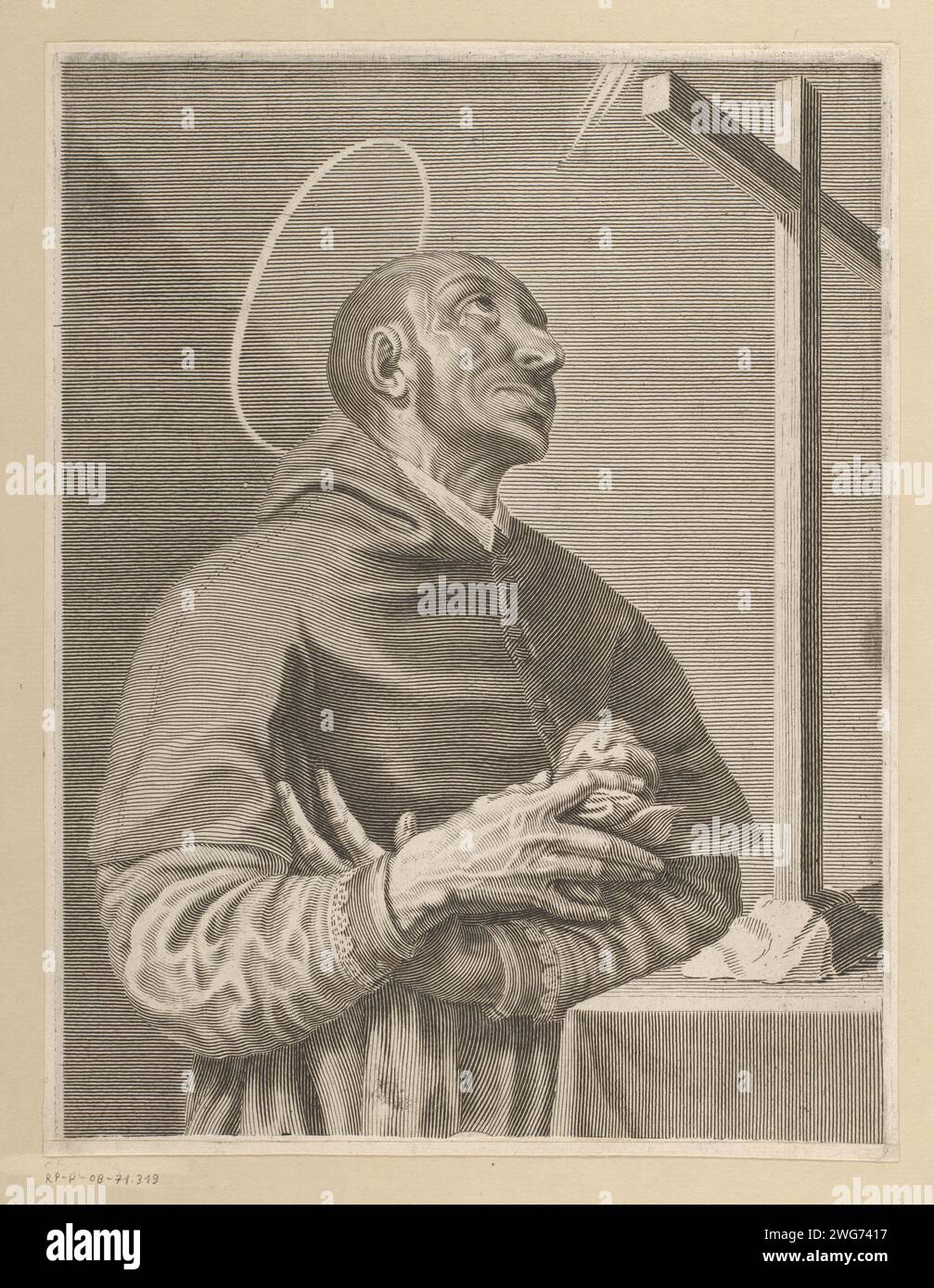Sacré à la Croix, Claude Mellan (attribué à), 1608 - 1688 impression papier gravure une personne priant. Croix comme symbole du Christ Banque D'Images