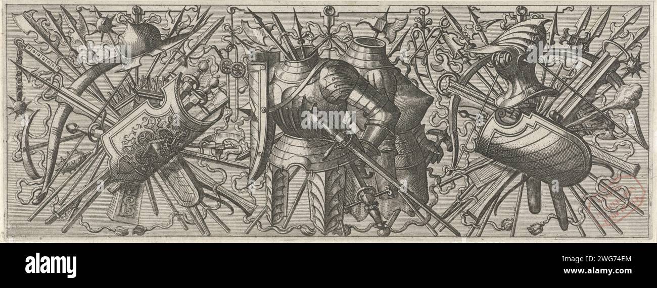 Frison avec deux Kurassen, 1572 imprimés Kurassen entre les paquets avec des armes de couteau, arbalètes et étoiles du matin (gauche et droite). De la série, composée d'une page de titre et de 16 magazines. Pays-Bas (peut-être) gravure sur papier Banque D'Images