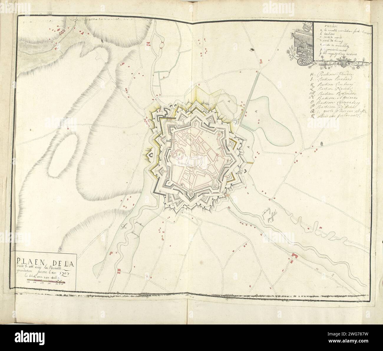 Carte d'ATH avec inondations, 1707, 1707 dessin carte des renforts autour de la ville d'Ath, avec les inondations de l'an 1707. En haut à droite un cartouche avec la légende A-R en français et néerlandais. Partie d'une collection de plans signés de lieux renforcés aux pays-Bas et dans les pays voisins au moment de la guerre de succession d'Espagne (partie C). Cartes papier des villes des pays-Bas. forteresse. Inondation Ath Banque D'Images