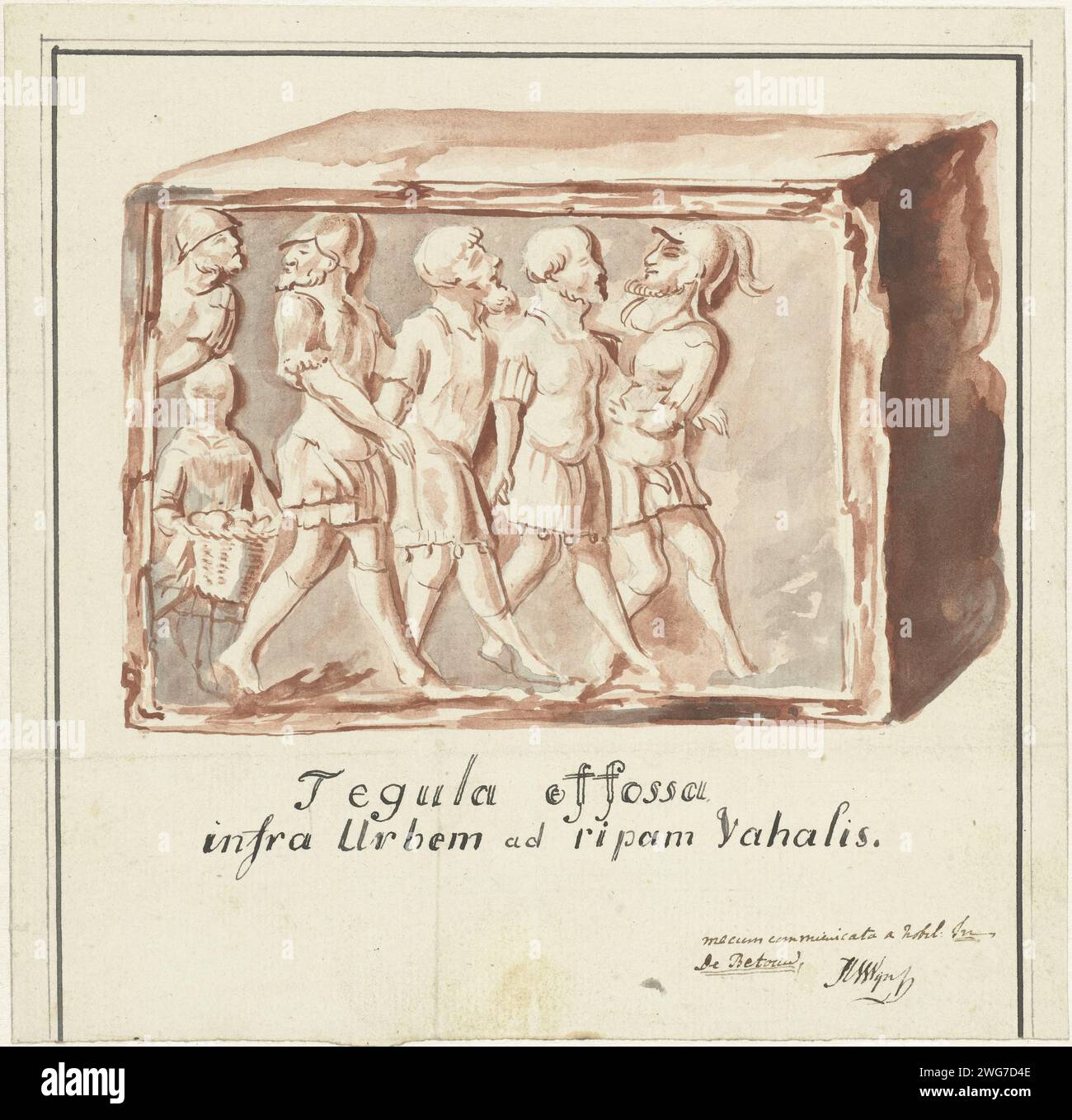Tuile rouge avec image de la collection de Bataves par les Romains, trouvée dans de Waal Beneden Nijmegen, Hendrik van Wijn, 1800 - 1805 dessin tuile rouge avec image de Bataves emprisonnés par les Romains, trouvée dans le Waal Beneden Nijmegen. Conception pour une impression. papier. tuiles de pinceau crayon, briques  matériaux de construction. Peuples éteints, 'historiques' (avec NOM). Peuples éteints, 'historiques' (avec NOM) Banque D'Images