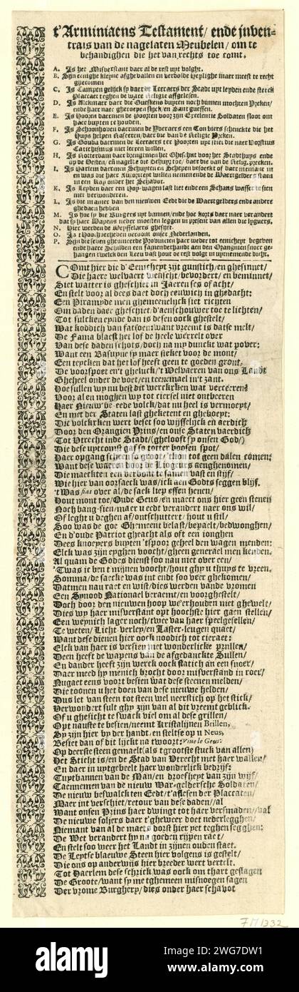 Texte appartenant à l'estampe 't Arminiaens Testament, 1618, Anonyme, 1618 feuille de texte feuille de texte appartenant à une édition de l'estampe du Testament arminien. La première partie est une légende A-P, la seconde partie est une version raccourcie de la fraîcheur appartenant à FMH 1329a. A gauche un bord décoratif en gravure sur bois. Impression typographique papier des pays-Bas du Nord Banque D'Images