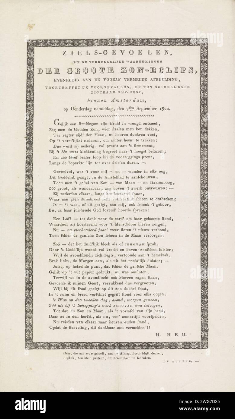 Poème sur l'éclipse solaire de 1820, H. Heij, 1820 feuille de texte feuille avec un poème sur l'éclipse solaire partielle telle qu'elle a pu être vue à Amsterdam le 7 septembre 1820. Texte dans le bord décoré du travail de fichier. Impression typographique papier pays-Bas Solar eclipse Amsterdam Banque D'Images