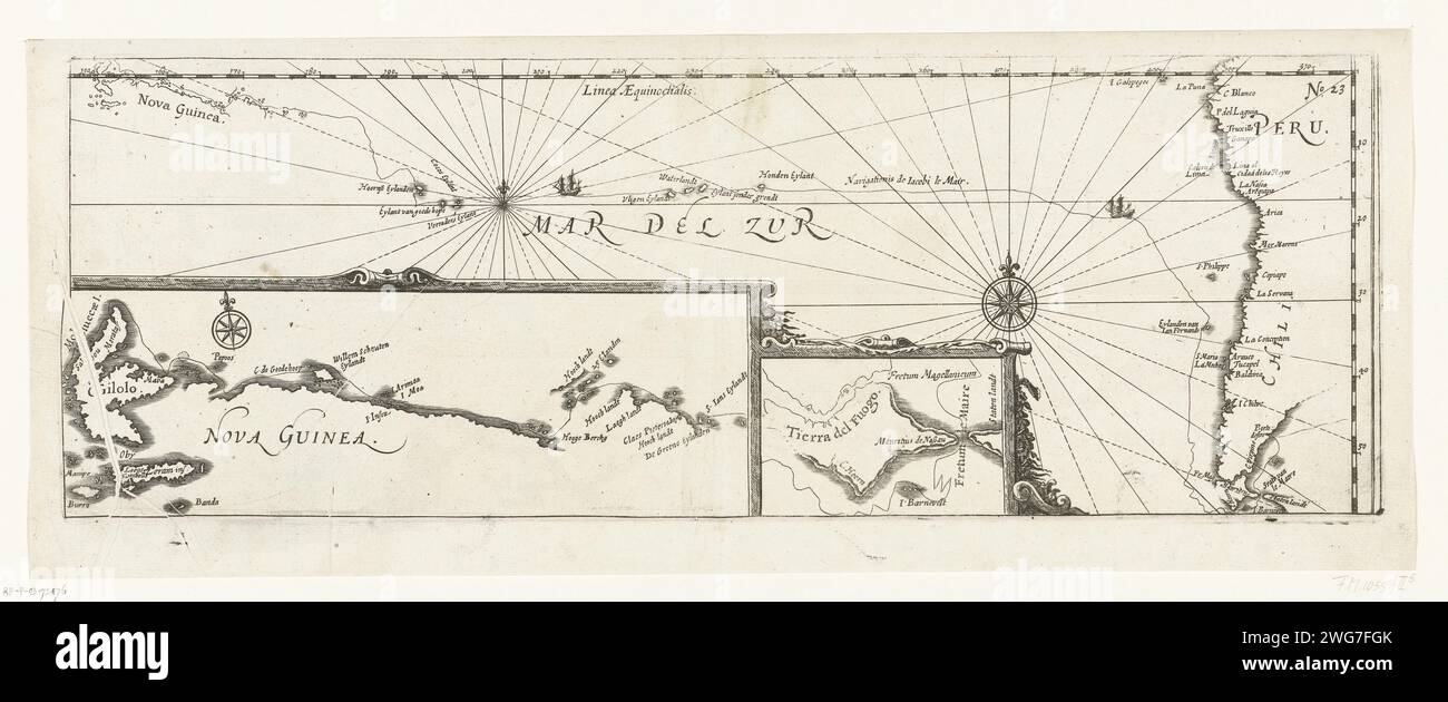 Carte du voyage de Jacob le Maire Om Kaap Hoorn, 1616, 1646 imprimer carte du voyage de Jacob le Maire pour Kaap Hoorn, janvier 1616. Avec deux Paris avec des cartes du pavage autour de Tierra del Fuego et de la côte nord de la Nouvelle-Guinée. Une partie des illustrations de l'Australian Navigatien de Jacob le Maire incluses dans le rapport du voyage de Joris van Spilbergen autour du monde, 1614-1617, n° 23. Nord des pays-Bas gravure sur papier / gravure exploration, expédition, voyage de découverte. paysages dans les régions polaires. Cartes des différents pays ou régions Land of Fire. Nieuw-Guinée Banque D'Images