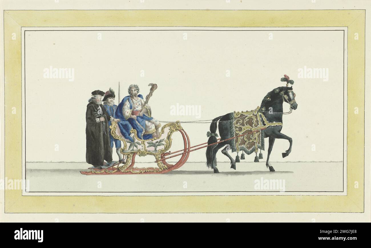 Toboggan de dîme, Abraham Delfos, 1776 dessinant le dixième traîneau du défilé. Un traîneau avec Asclépius (Aesculapius), tiré par un cheval. Partie de la série de quinze dessins pour les planches du Sleedevaart le 24 janvier 1776 organisée par la Société de Leiden Veniam Pro Laude à l'occasion de la célébration du IIe siècle du relief de Leiden (3 octobre 1574) et de la création de l'Université de Leiden (8 février 1575). Journal du nord des pays-Bas commémoration de la fondation d'une université. luge, traîneau (sports d'hiver). Aspects spécifiques, aspects allégoriques d'Esculapius ; Aesculap Banque D'Images