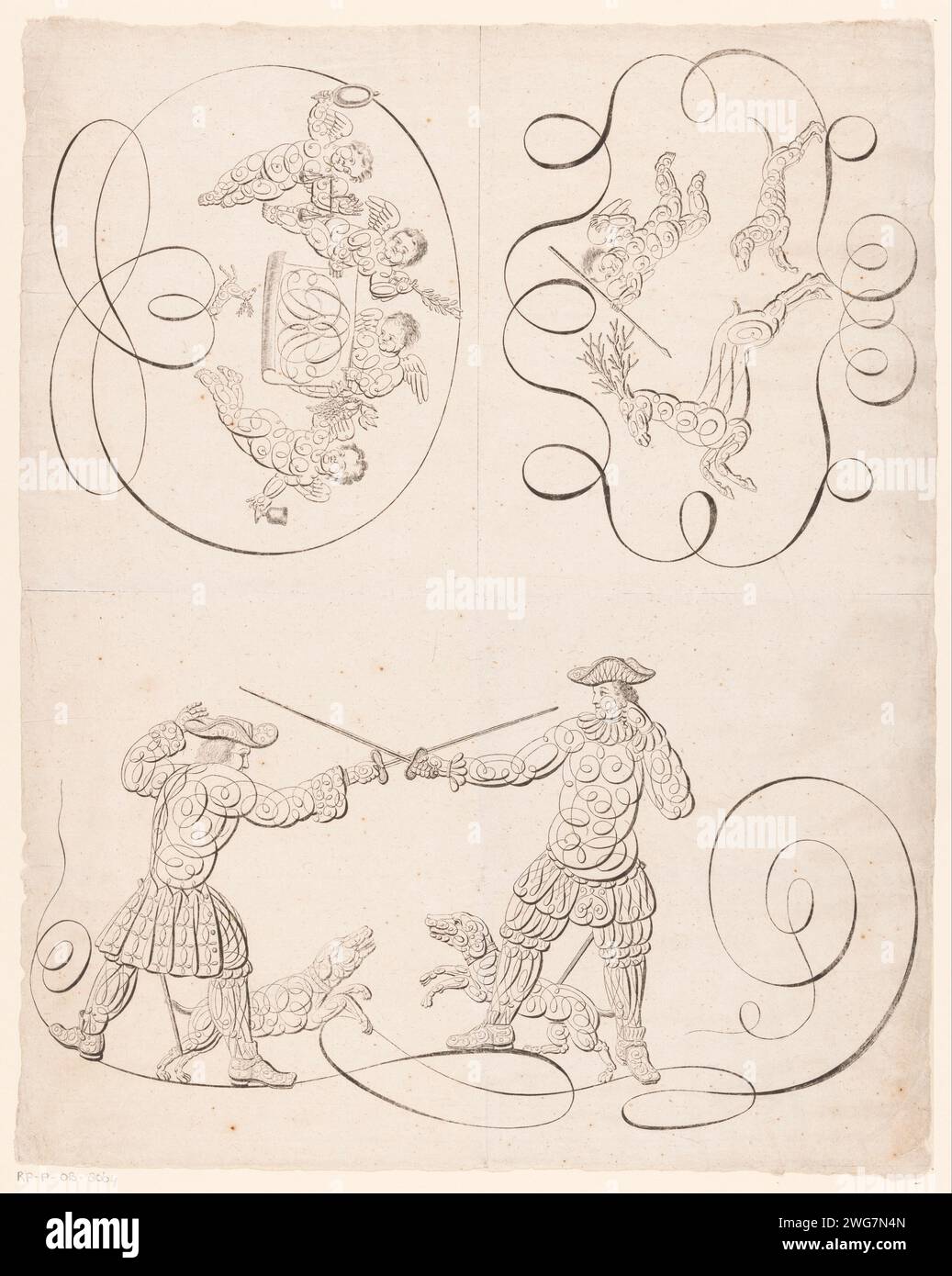 Calligraphie avec duels hommes et putti, 1675 - 1700 tirage Calligraphie avec trois motifs, séparés par une ligne gravée. Sur la moitié inférieure du magazine, il y a deux hommes en duel, tous deux avec un chien à côté d'eux. La moitié supérieure de la feuille est divisée verticalement en deux. Dans le cartouche sur la gauche, il y a quatre putti avec un miroir, une échelle, une branche d'olivier, des grappes de raisin, un calice et un rouleau avec monogramme AGB. Dans le cartouche sur la droite il y a un putto avec un chien, chassant un cerf. Gravure sur papier pays-Bas Calligraphie. Duelling. Cupidons : 'Amores', 'Amoretti', 'Putti' Banque D'Images