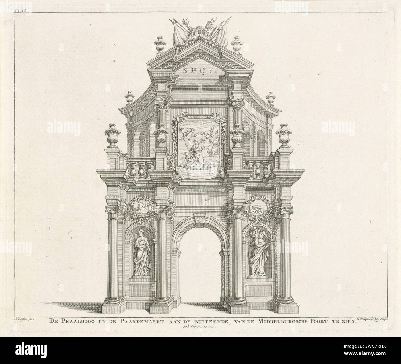 Arc de Praal au Paardenmarkt à Vlissingen, 1772, Caspar Jacobsz. Philips, d'après P. Janssens, 1772 - 1773 impression hors de l'honneur de l'honneur du Paardenmarkt à Vlissingen, à la célébration des 200 ans de liberté à Vlissingen, le 6 avril 1772. Numéroté en haut à gauche : pl. II. Partie d'un groupe de neuf planches numérotées I-X des décorations de cette fête. Imprimeur : Northern Netherlandspublisher : rinçage papier gravure / gravure arc de triomphe Flushing Banque D'Images